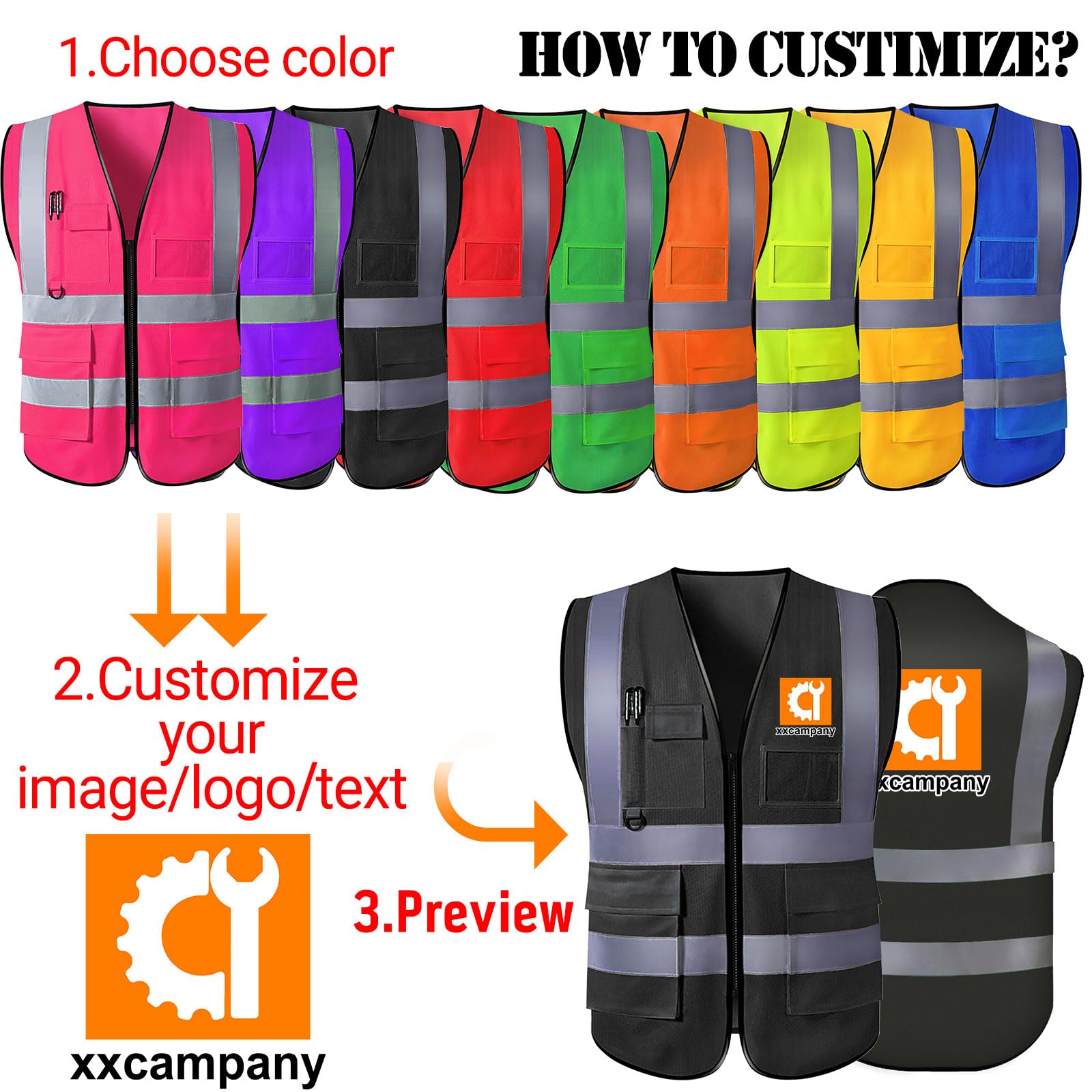 Gilet di sicurezza personalizzato da uomo con logo Gilet di sicurezza ad alta visibilità riflettente con tasche e costruzione con cerniera Indumenti da lavoro protettivi per esterni