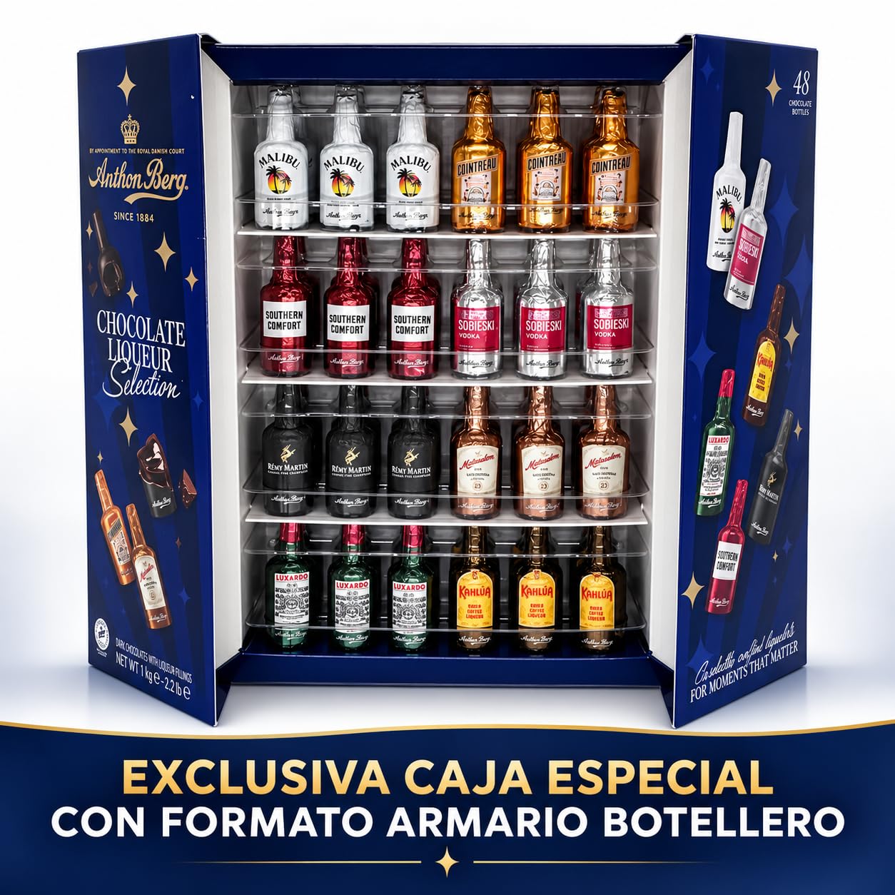 Cia&Co x Anthon Berg + Jamón Serrano - Botellitas de Chocolate Rellenas de Licor · 64 Bombones con Licor - 1 Kg + Degustación de Jamón Serrano Premium Gran Reserva + Tarjeta Personalizada