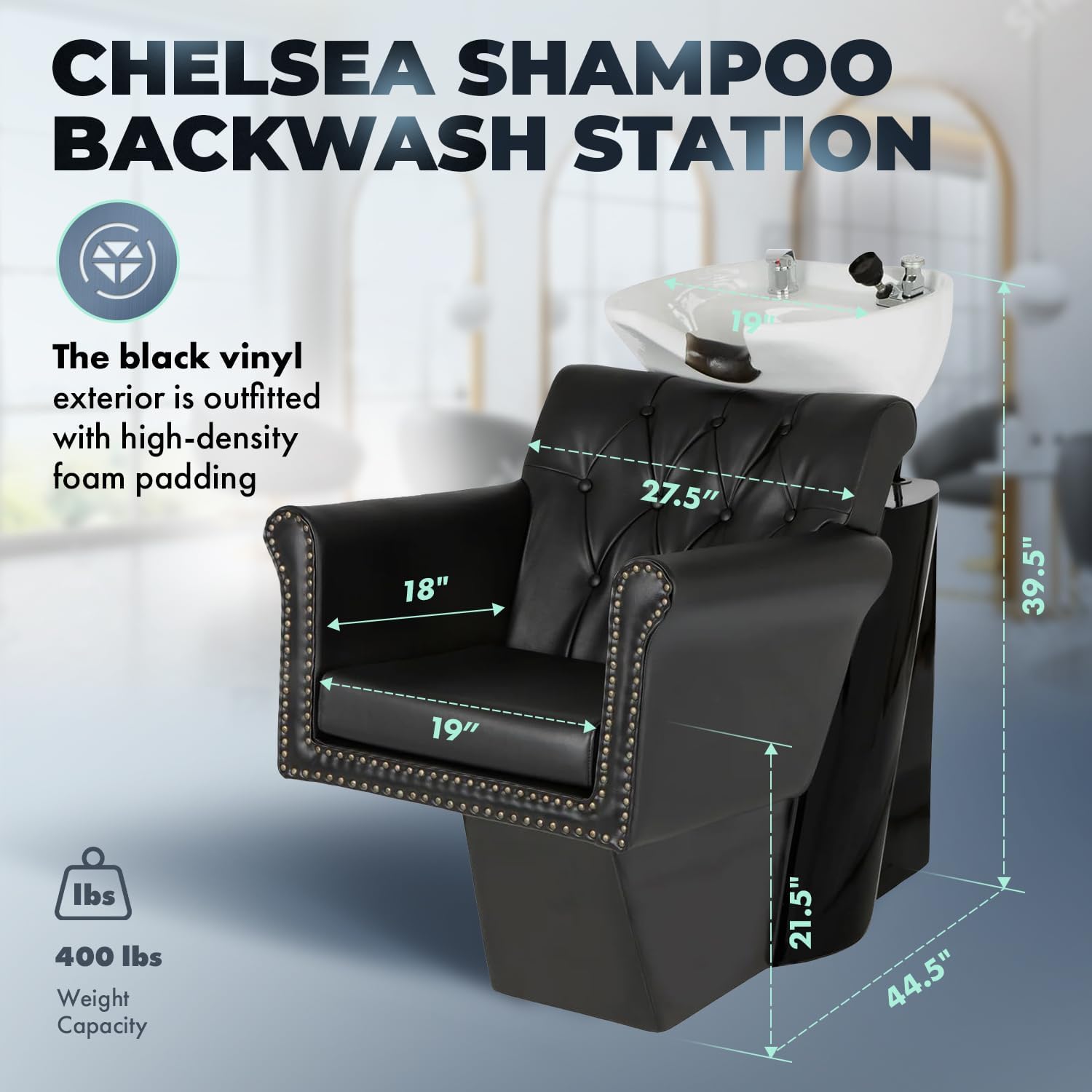 Buy-Rite Chelsea Shampoo Backwash Unit - Tufted Chair, Removable Cushion, Tilting Porcelain Bowl, Single-Lever Faucet, Vacuum Breaker & Install Kit Included - NIN-9902 (Black Chair with White Sink)