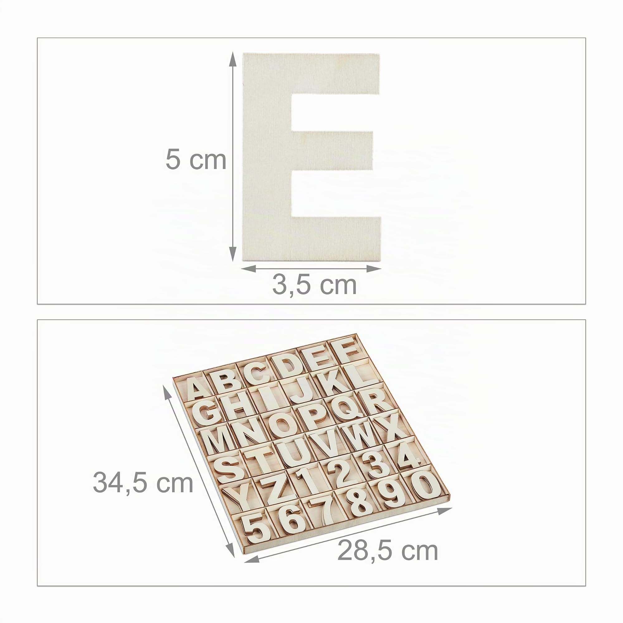 Relaxdays Lettere e Numeri in Legno, Set da 144, Letterine Maiuscole da A-Z, Cifre 0-9, H: 5 cm, per Bricolage, Naturale