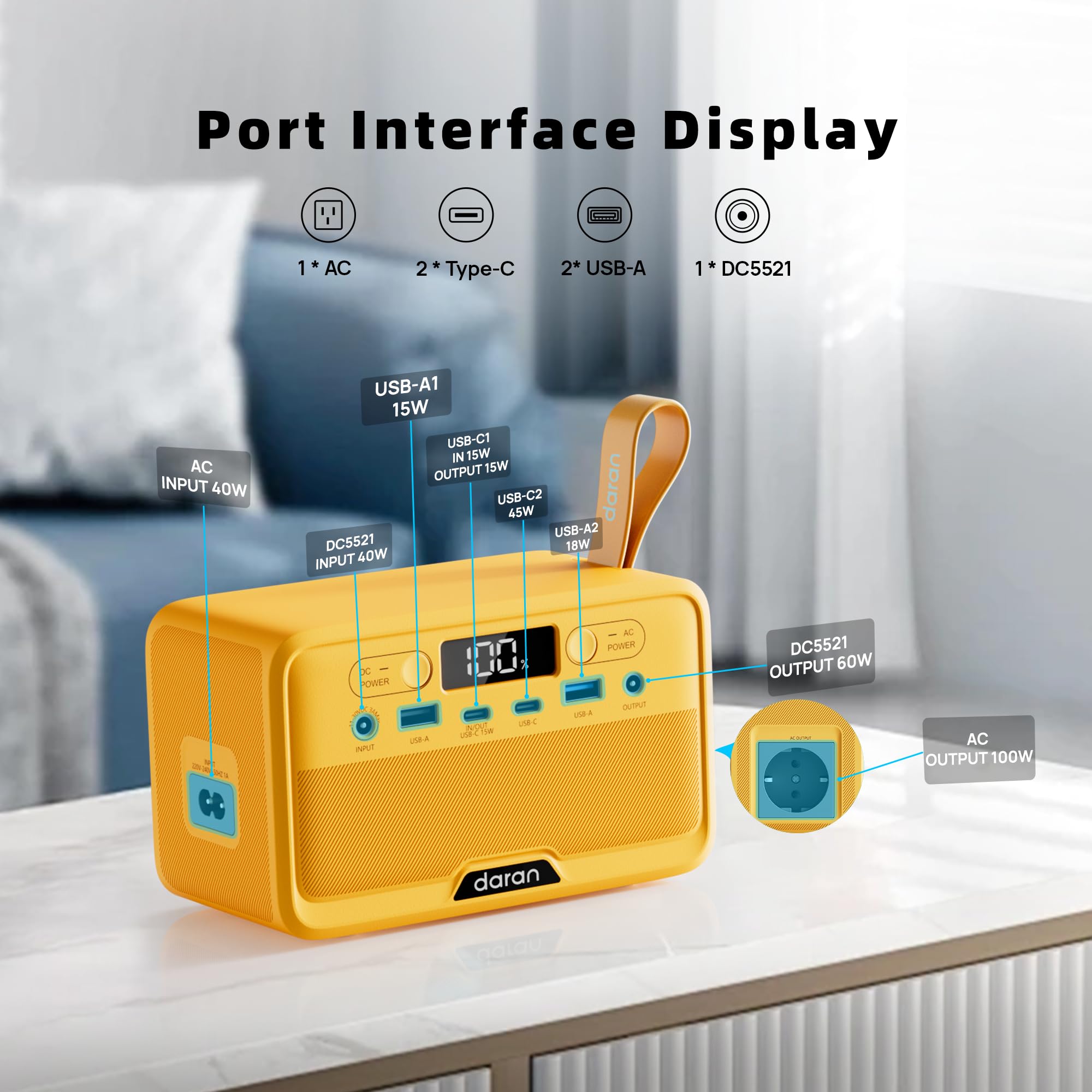 Estación de alimentación portátil, 100 W, 89,6 Wh, 1,15 kg, USB-A 18 W, USB-C 45 W, CA / carga solar de 40 W, para camping, viajes y suministro de energía de emergencia al aire libre