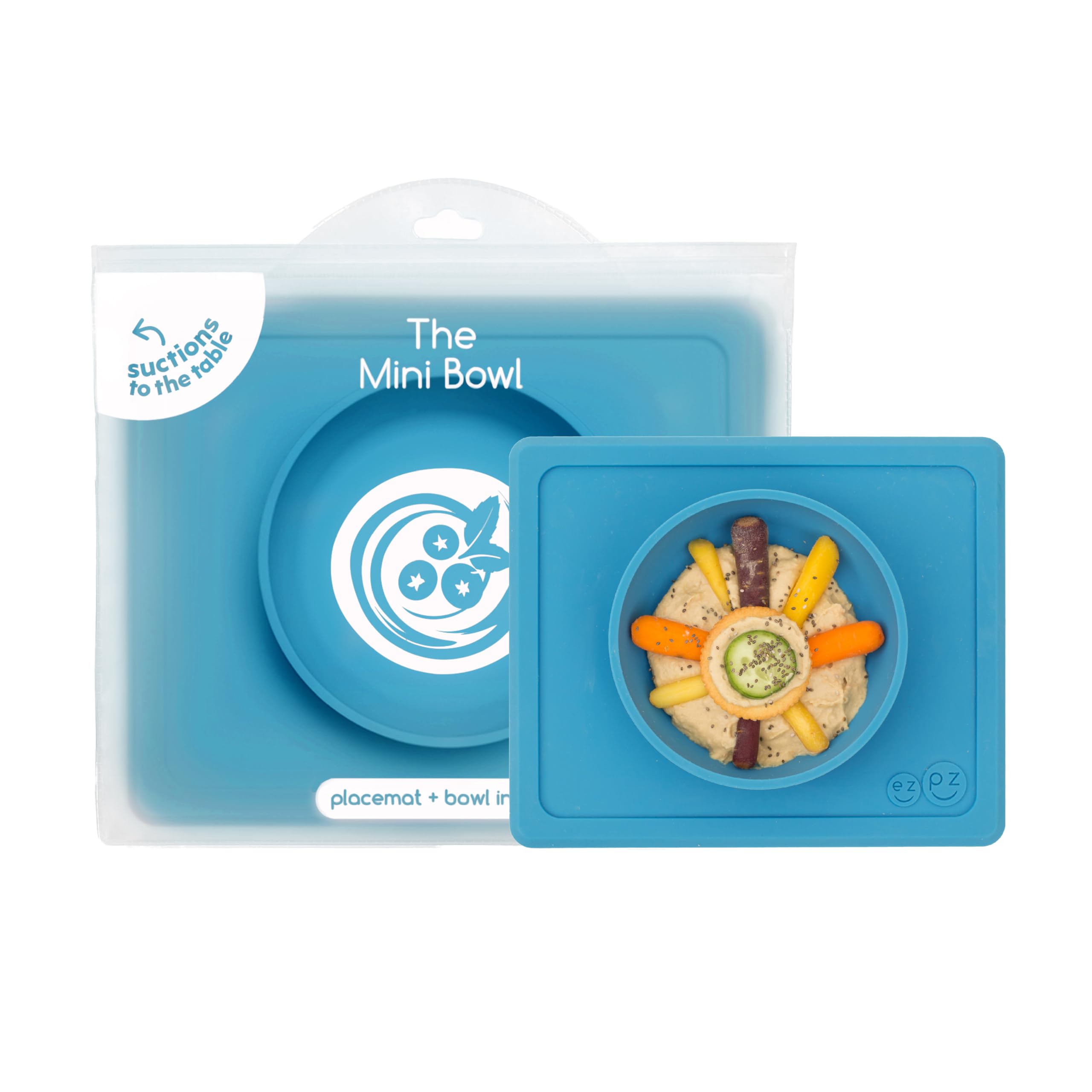 ezpz Mini Bowl (Blue) - 12 Months+ - 100% Silicone Suction Placemat + Bowl for Toddlers - Comes with a Reusable Travel Bag