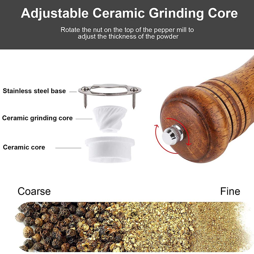 Macinapepe E Sale In Legno Di Quercia - Macinino Manuale Con Meccanismo Ceramica, Regolabile, 16.5cm - Set Da 2 - Foto 2