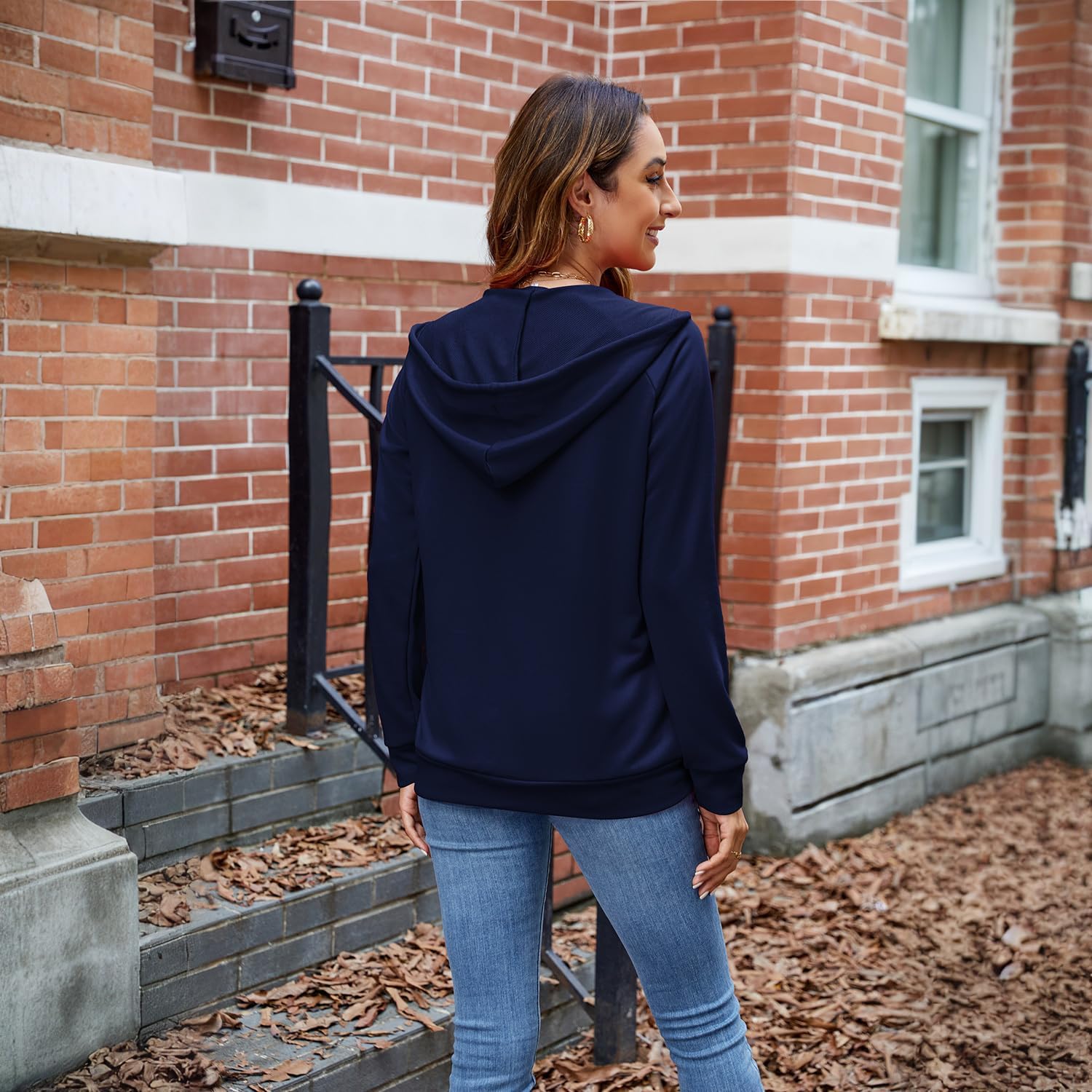 HTD Women Casual Full Zip Up Hoodie Basic Lightweight Long Sleeve Sweatshirt Solid Color Jacket With Pockets - Image 3