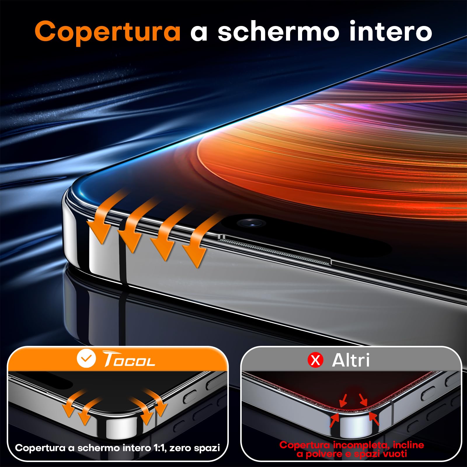 TOCOL Pellicola Protettiva per iPhone 16 6,1 Pollici, Rimozione Automatica Della Polvere, Installazione Rapida, Copertura Completa, Senza Bolle, Durezza 9H Vetro, 2 Pezzi