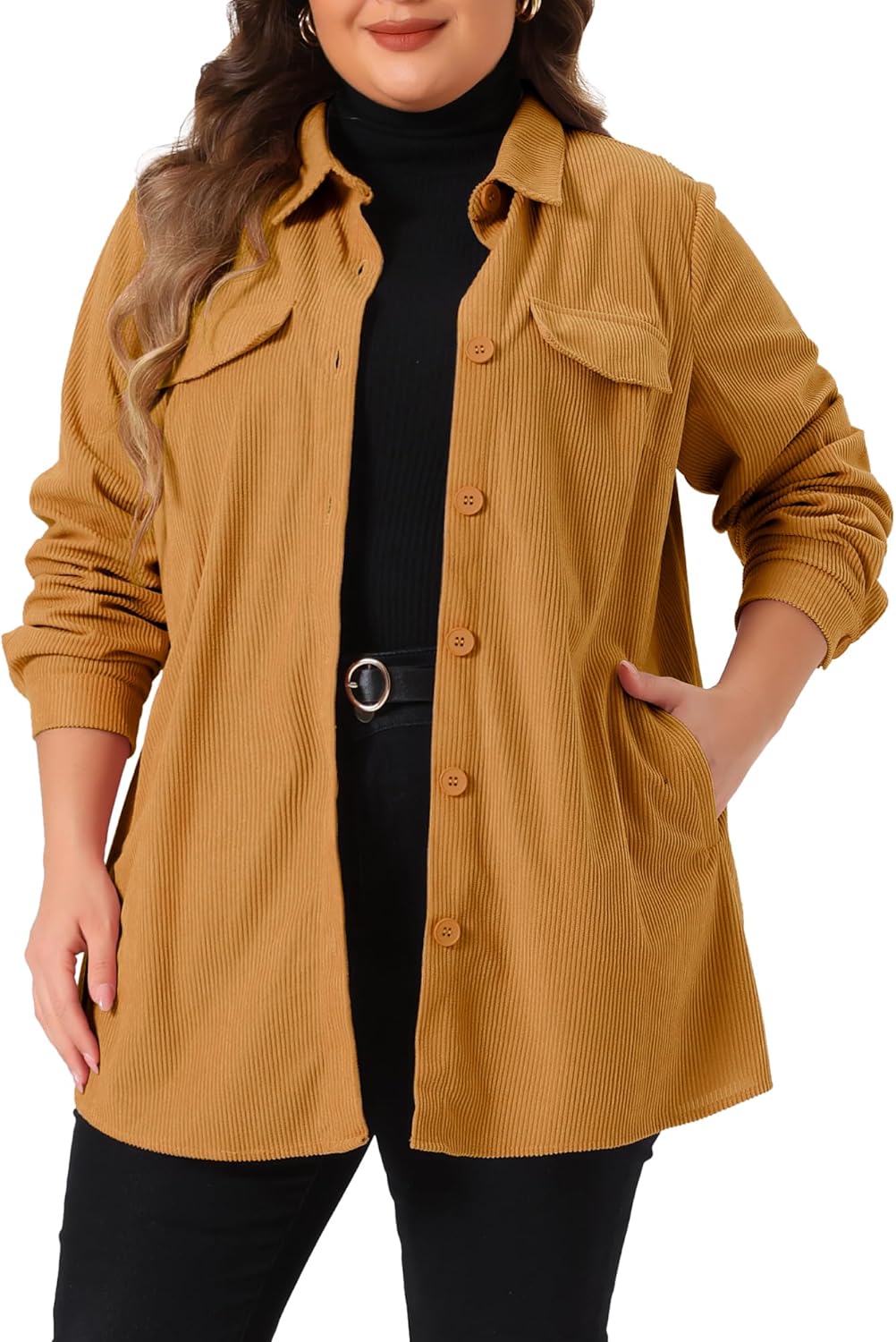 Agnes Orinda Plus Size Women's Corduroy Shirts Long Sleeve Button Down with Pocket Long Shackets Jacket