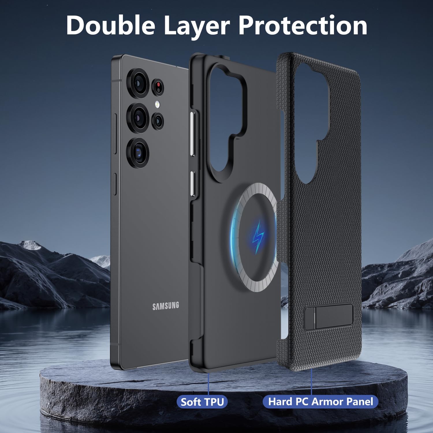 for Samsung Galaxy S25 Ultra Magnetic Case, [Fit for Magsafe] Military Grade Dual-Layer Shockproof Protective with Non Slip Textured Back, Phone Case with Kickstand for S25 Ultra (Black) - Image 3