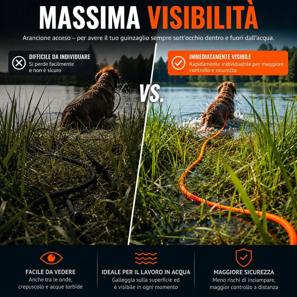 Guinzaglio galleggiante per cani, senza cinturino da polso, 10 m, arancione brillante, robusto guinzaglio da campo con moschettone girevole, carico di trazione 230 kg, guinzaglio da addestramento per