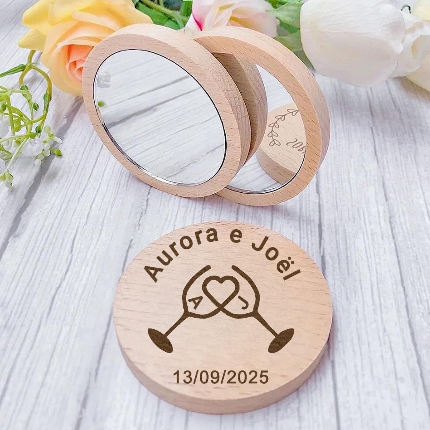 Personalisiertes Holzspiegel-Geschenk, Personalisierter Schminkspiegel, Gravierter Tragbarer Runder Kompakter Taschenspiegel, Brautjungferngeschenke, Trauzeugin, Junggesellinnenabschiedsgeschenke(50 p