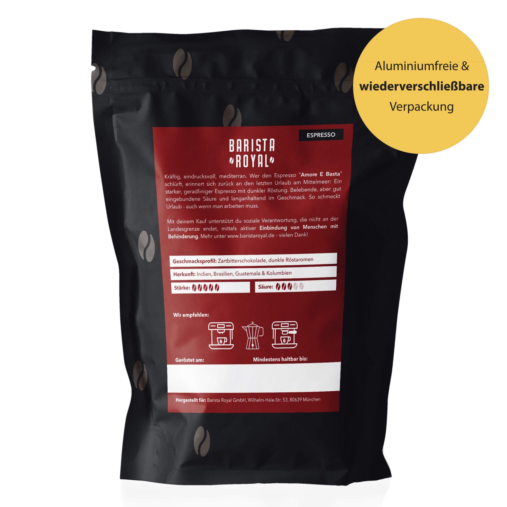 BARISTA ROYAL Ziarna espresso 1 kg "Amore E Basta Espresso" | Świeże ziarna kawy są bezpośrednio obrabiane | 70% Arabica, 30% ziaren Robusta Espresso | Idealne do w pełni automatycznych ekspresów i sitków