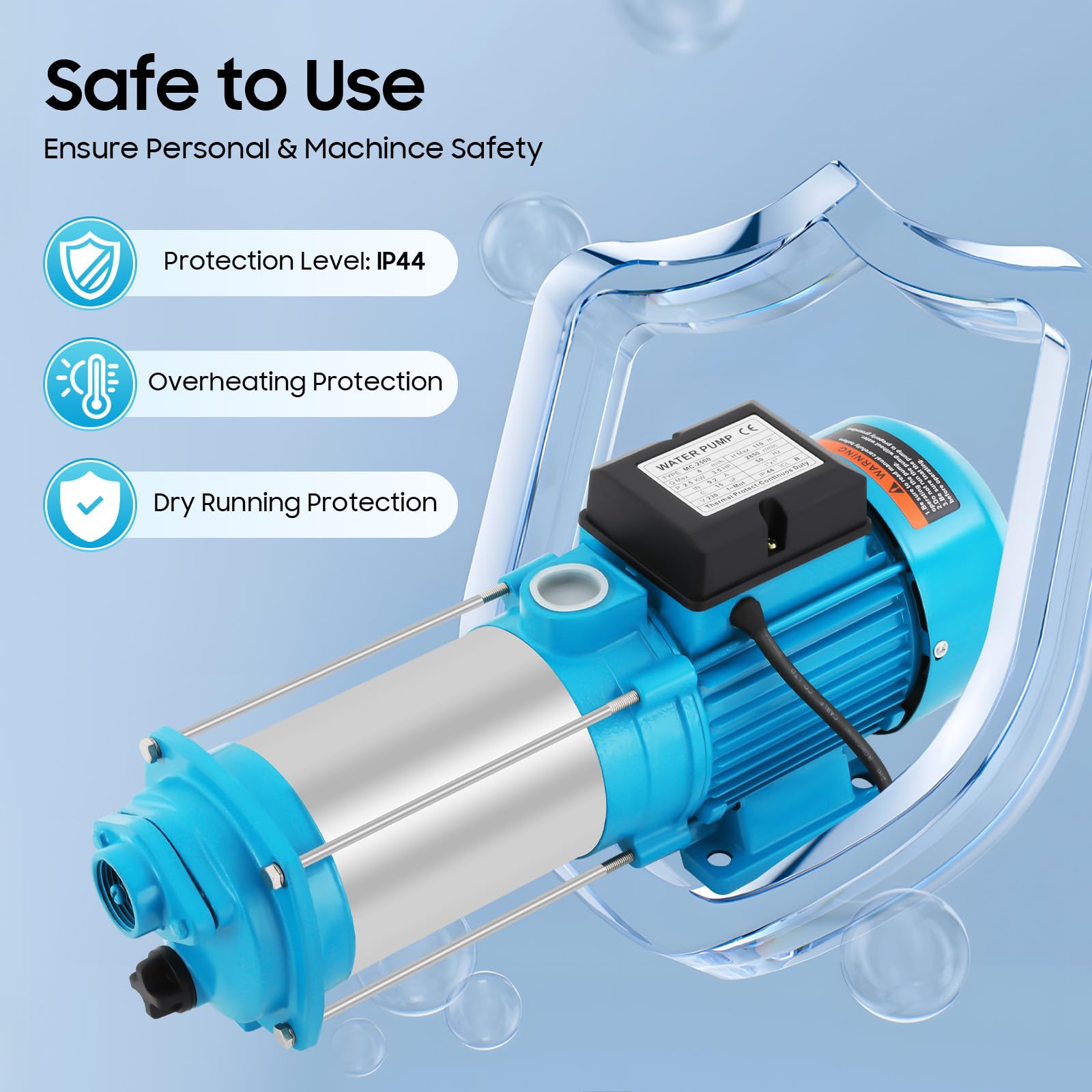Pompa centrifuga per acqua domestica da giardino, in acciaio inox, per un giardino, pompa dell'acqua elettrica, 4000 l/h, 9,8 bar, con interruttore automatico (2500 W)