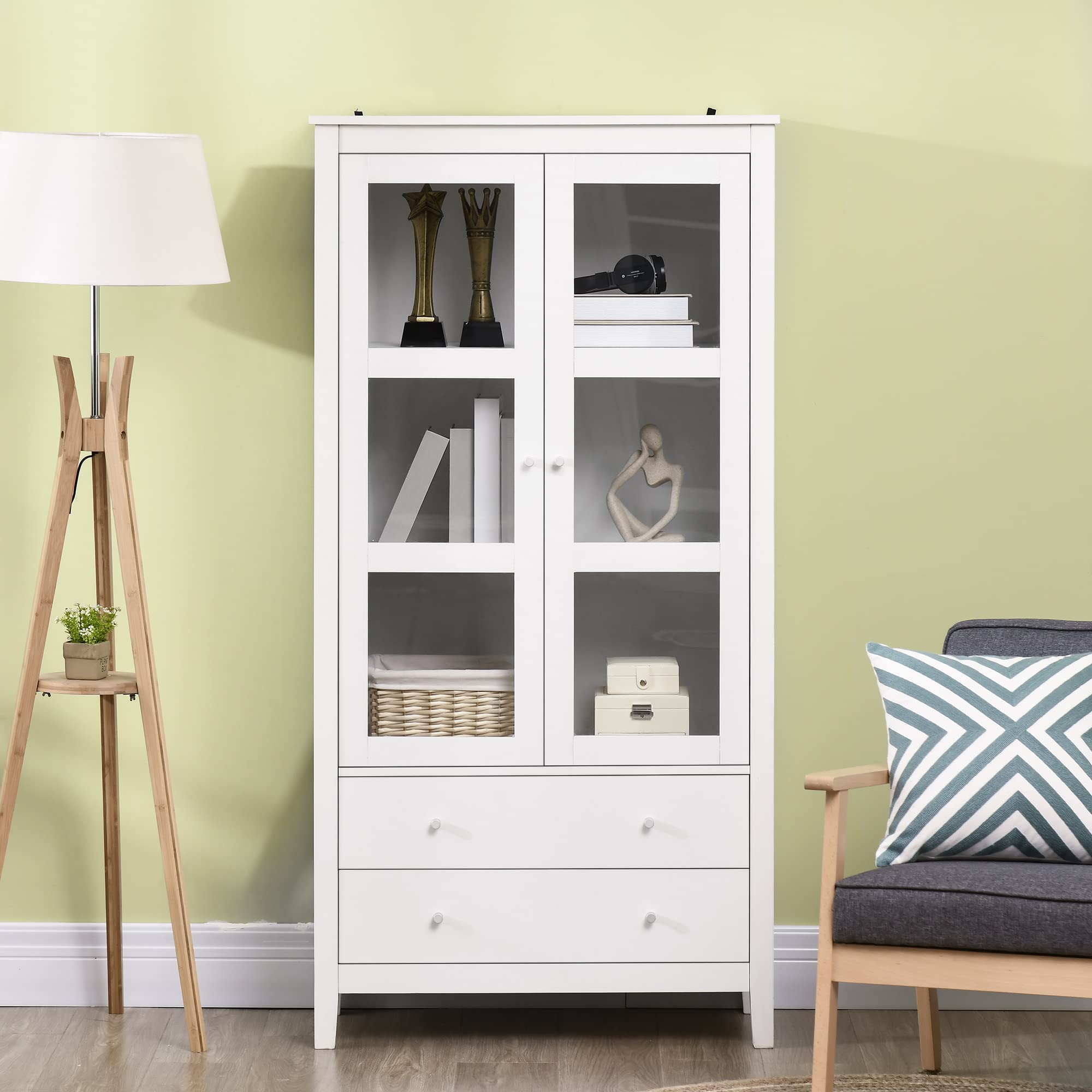HOMCOM Vitrina de Salón Aparador de Cocina 2 Puertas 80x40x160 cm Blanco | Vidrio Templado, 3 Estantes, 2 Cajones, Bisagras de Cierre Suave, para Comedor Oficina
