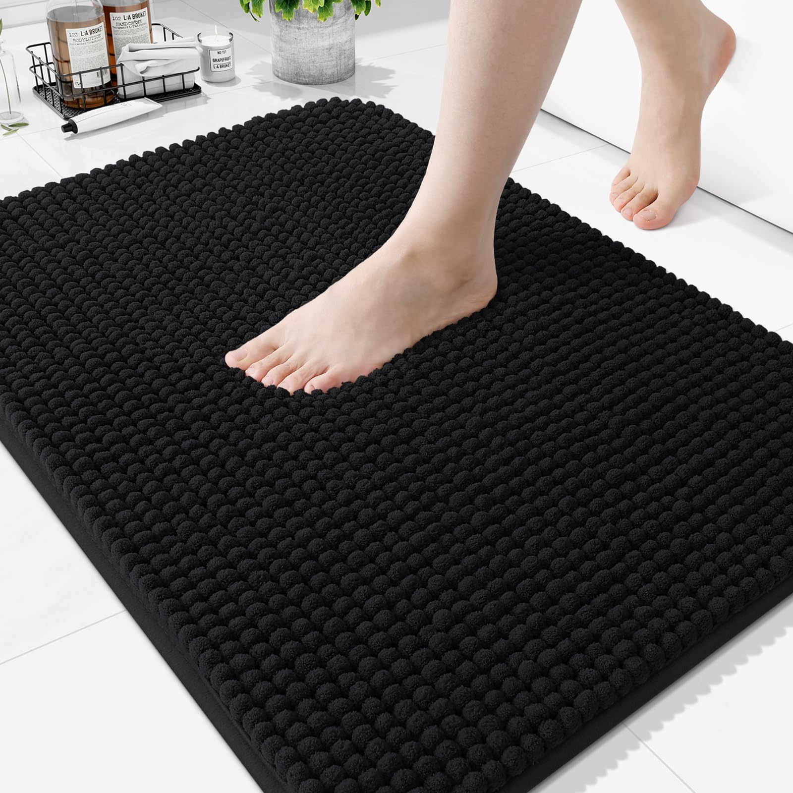 Homaxy Thick Soft Fluffy Bath Mat, Chenille Absorbent Bathroom Mat, Non Slip Bath Mats for Bathroom, Machine Washable Quick Drying Bath Rug, 51×76 cm, Black