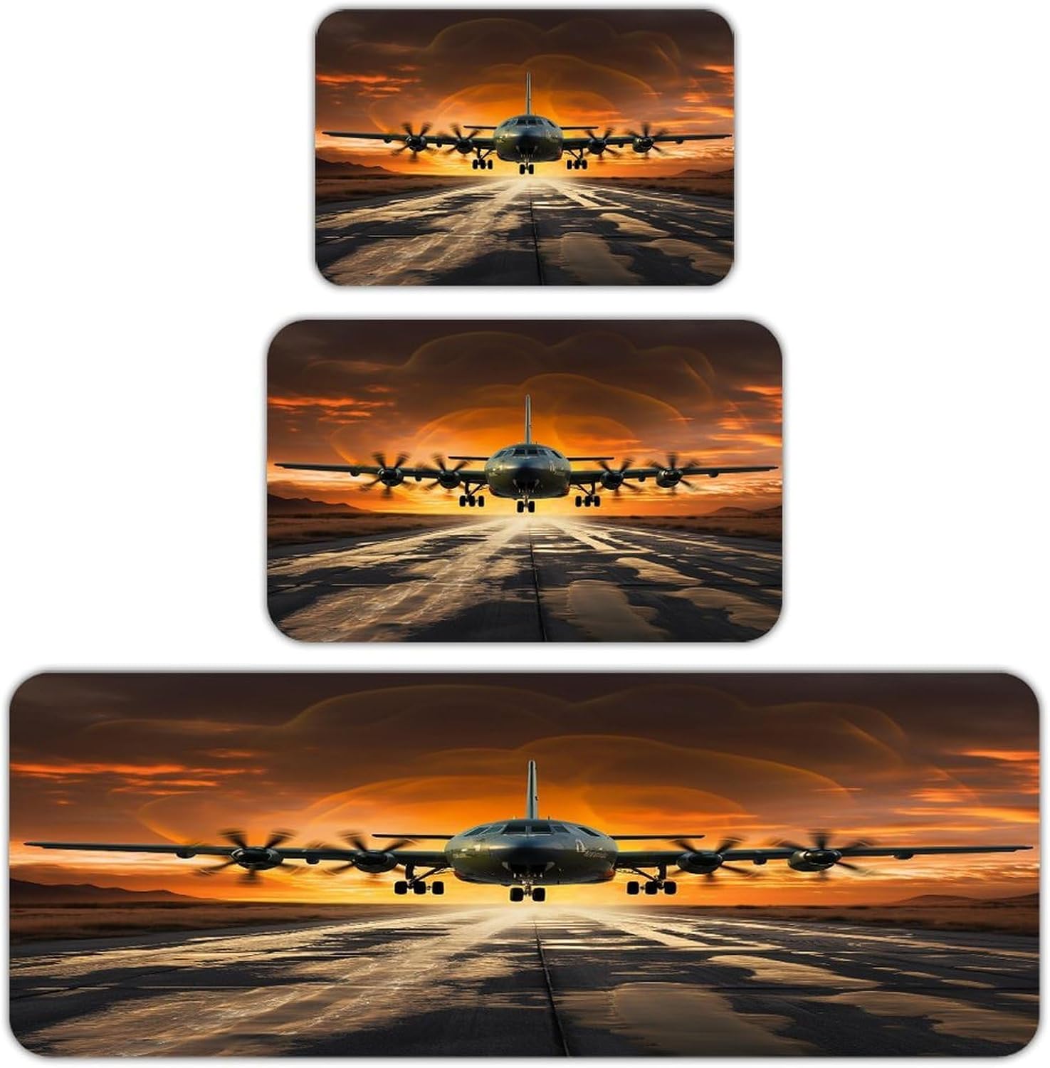 Military Aircraft Landing on Air Force Runway Kitchen Mat Set of 3 Waterproof Floor Mats Non-Slip Kitchen Rugs Premium Flannel Rug Heavy Duty Standing Mat for Kitchen Home Bathroom Laundry