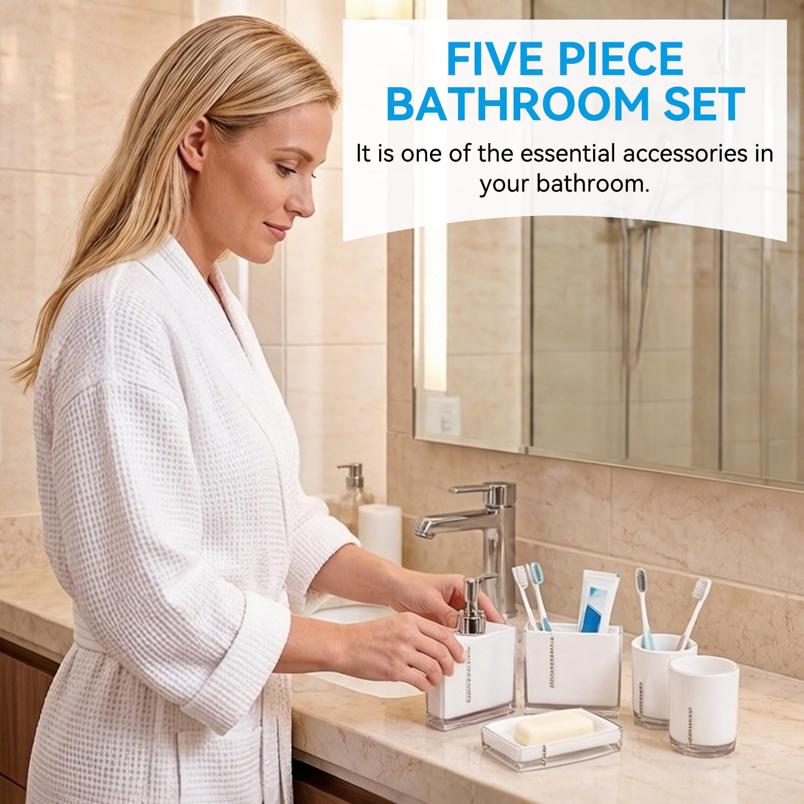 Juego De Accesorios De Baño, Juego De Accesorios De Baño Blanco, 5 Piezas De Acrílico, Taza De Baño, Soporte Para Cepillo De Dientes, Jabonera, Linda Decoración De Baño, Tocador De Baño Moderno, Decor