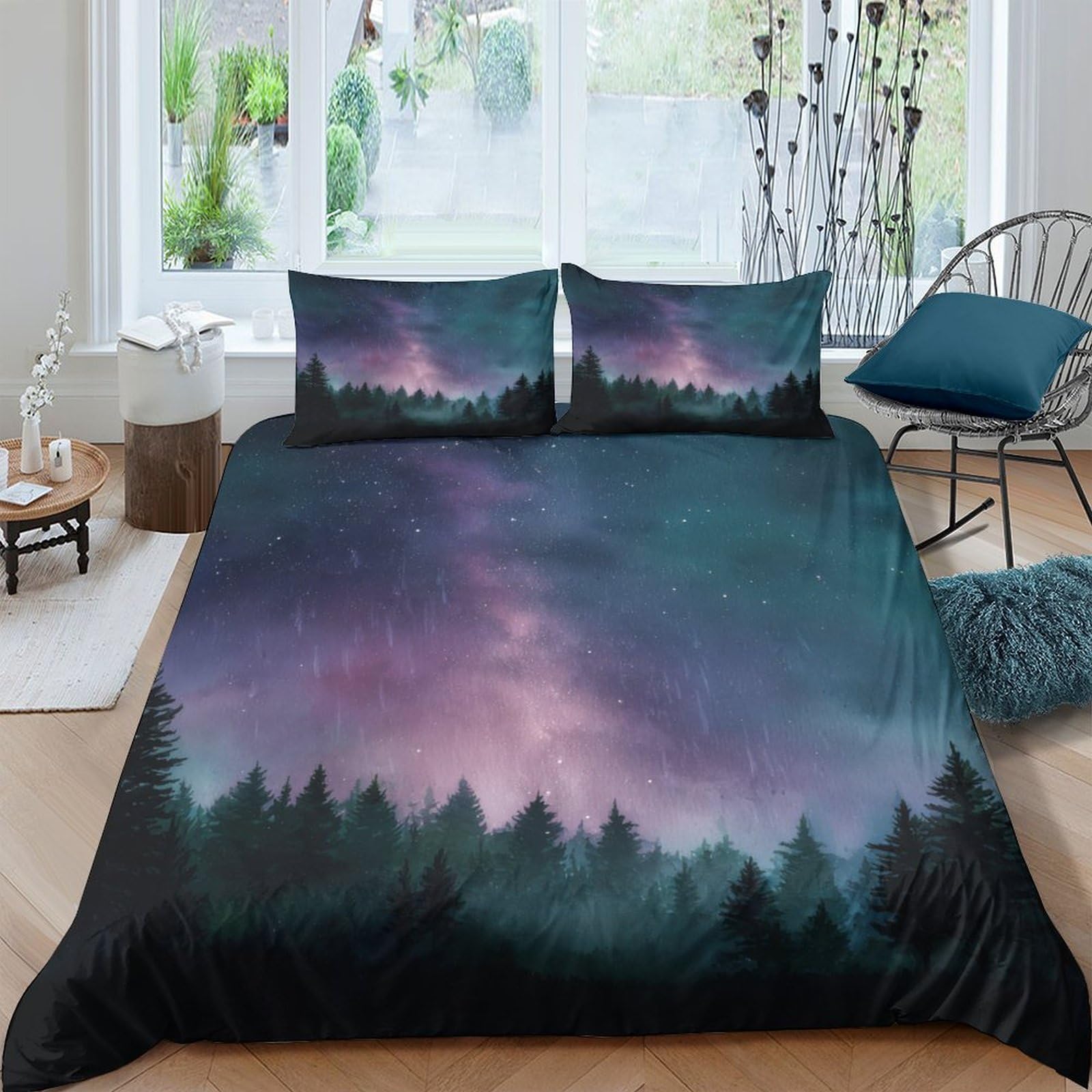 Ctjqhvkz Style-8 3D Printed Forest Night Sky Fitted Sheet Microfiber Soft Breathable Misty Woodland Bed Cover For Bedroom Dorm Guest Room Mattress Protection Decor Single（135X200cm）