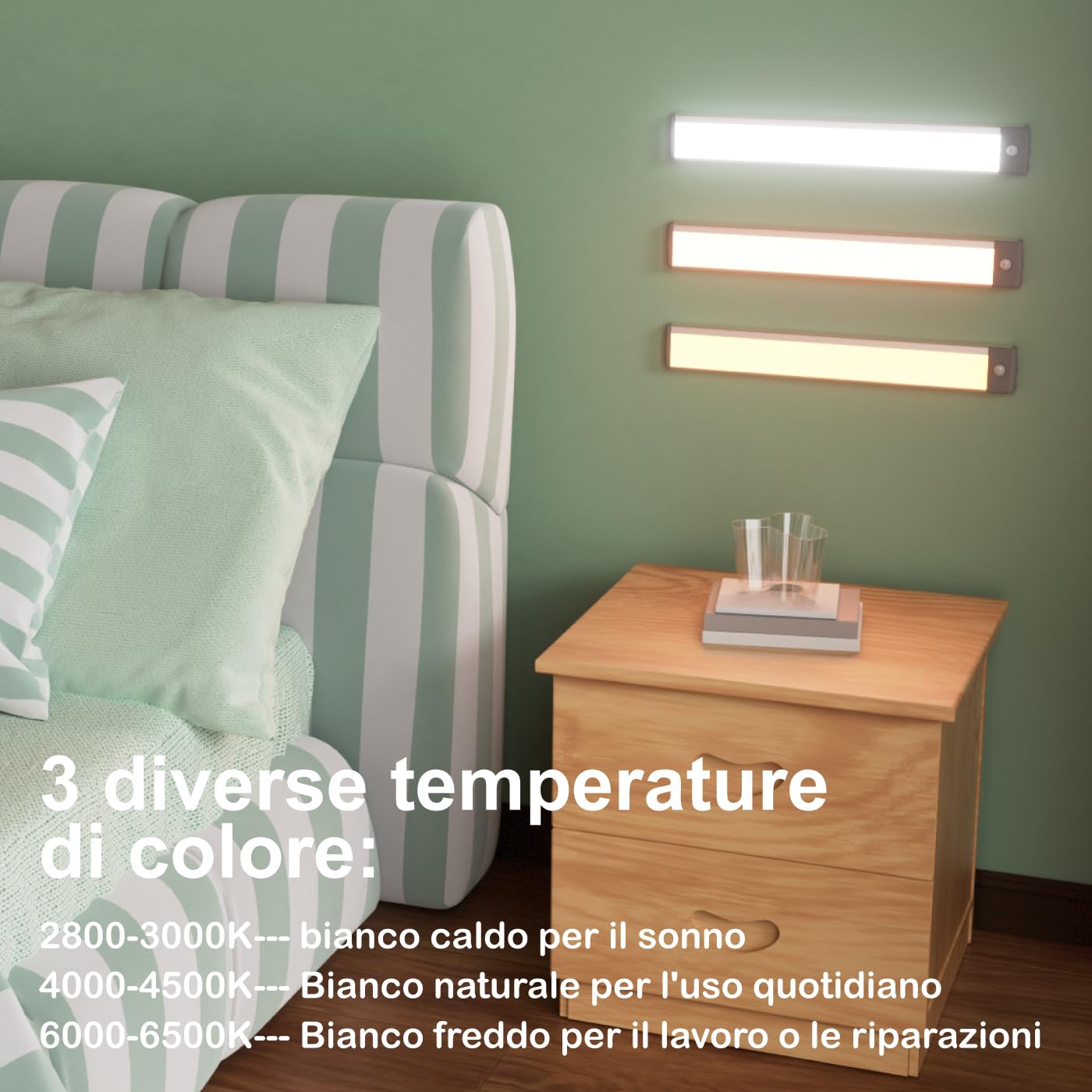 LEPOTEC Luce Armadio da 60 LED, 3 Temperature di Colore, Sensore Movimento per Interni, 2200mAh Ricaricabile, Illuminazione Notturna Senza Fili per Cassetti, Guardaroba, Cucina, Corridoio, 1 Pezzo