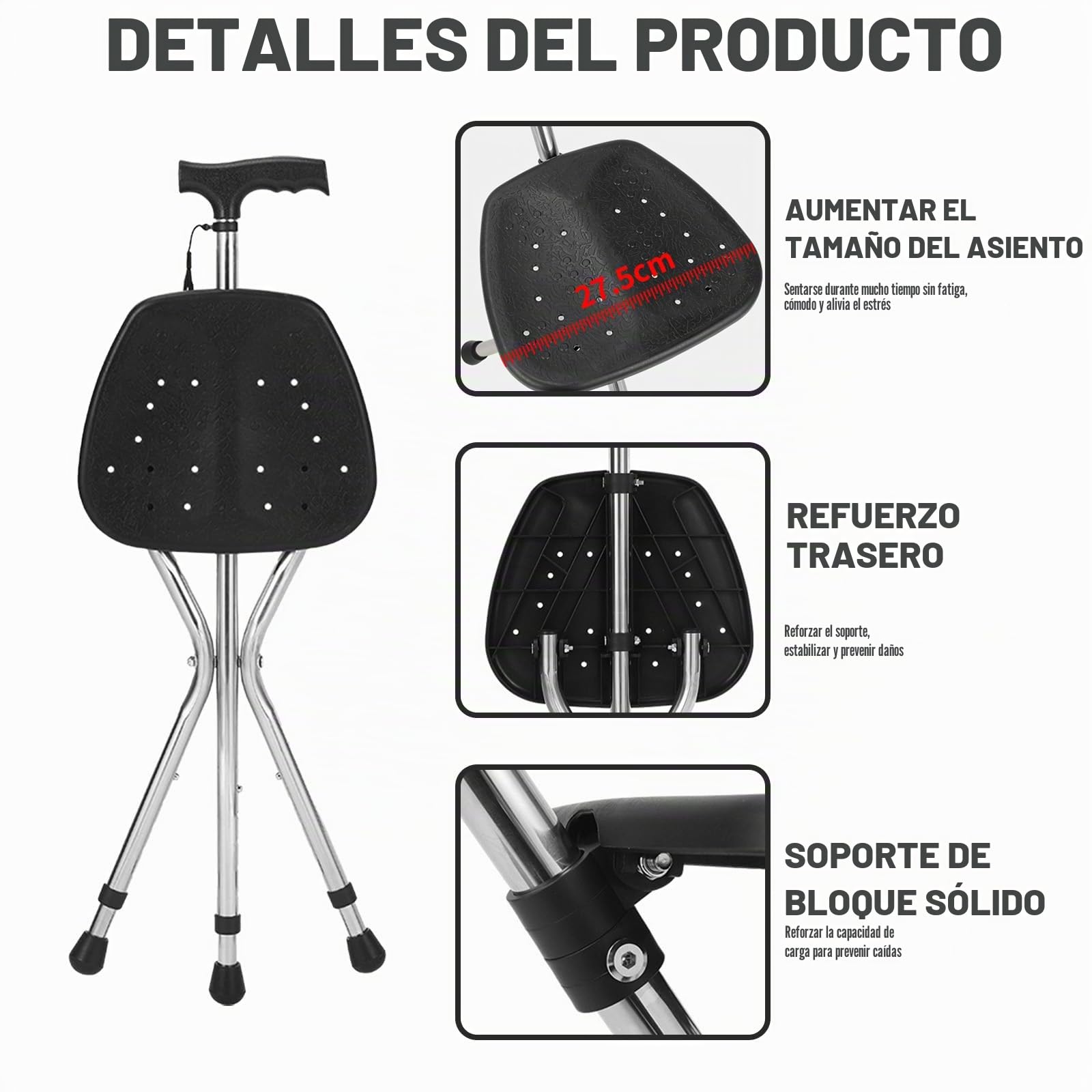 Bastón con asiento, capacidad de 120 kg, tabla de asiento grande en cinco posiciones de altura ajustable, caña y taburete de doble uso, bastón con asiento para adultos en reposo, personas mayores y
