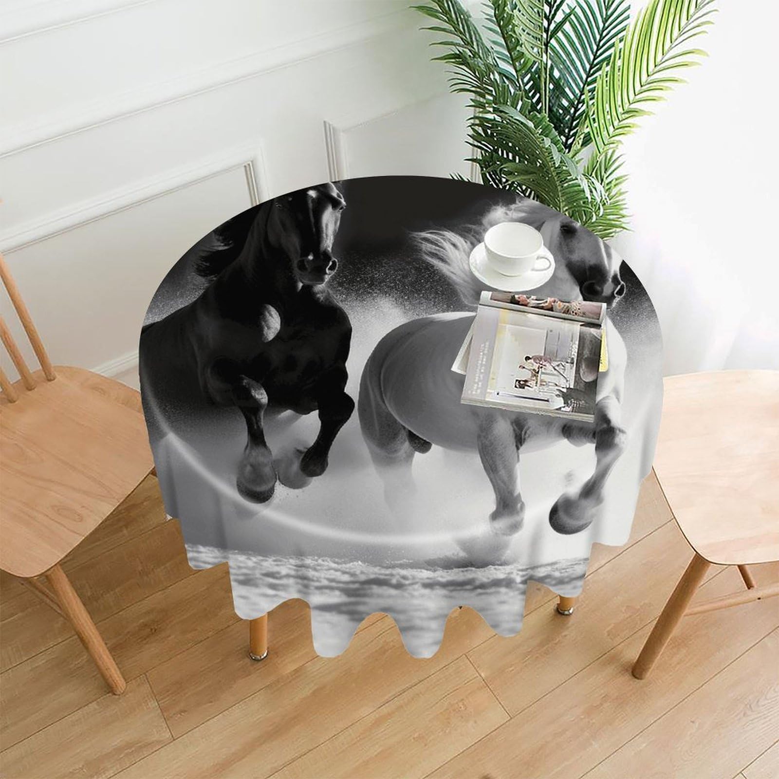 FodPand Black and White Horses Running Round Tablecloth - 60 Inch Premium Polyester Table Cloth, Fashion Wrinkle Resistant Decorative Table Cover for Dining Kitchen Party Buffet Tables