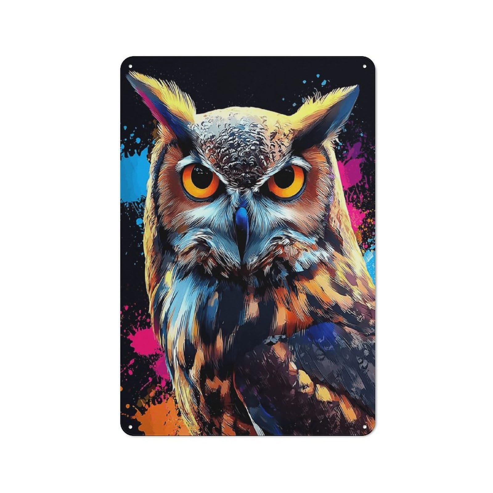 Junmoney Colorful Owl Portrait Artwork -1 Metal Sign 30X20cm With For Workshop Wall, Rustic Decor, Wall Decoration For Workshops And Hobby Rooms