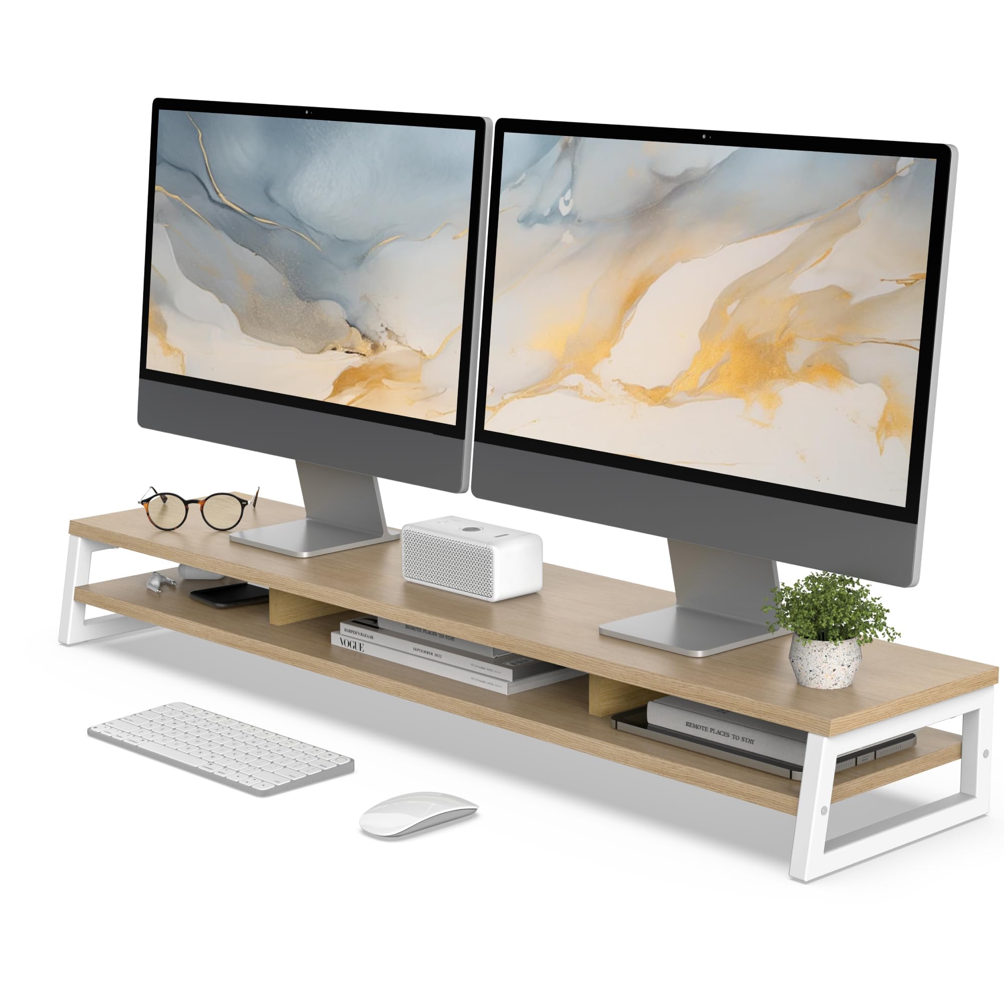 Fenge Wooden Monitor Stand with Metal Frame, 2 Layer Monitor Riser for Dual Monitor, Desktop Storage Organizer for Home or Office, 108x25.5x13.7cm (Oak) The Forest Stewardship Council