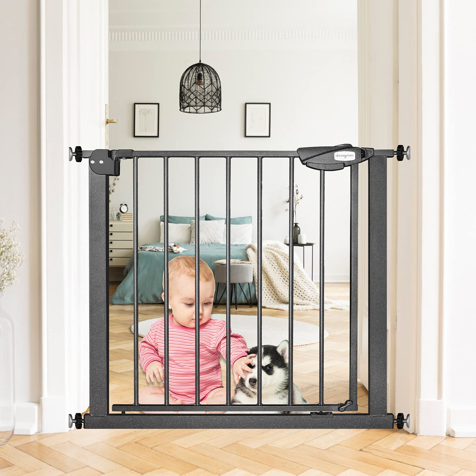 Aufun - Griglia di protezione per porte e scale, per impedire l’accesso ai bambini, chiusura automatica, installazione senza bisogno di effettuare fori, apertura a 180° nei due sensi (95-105 cm, nera)