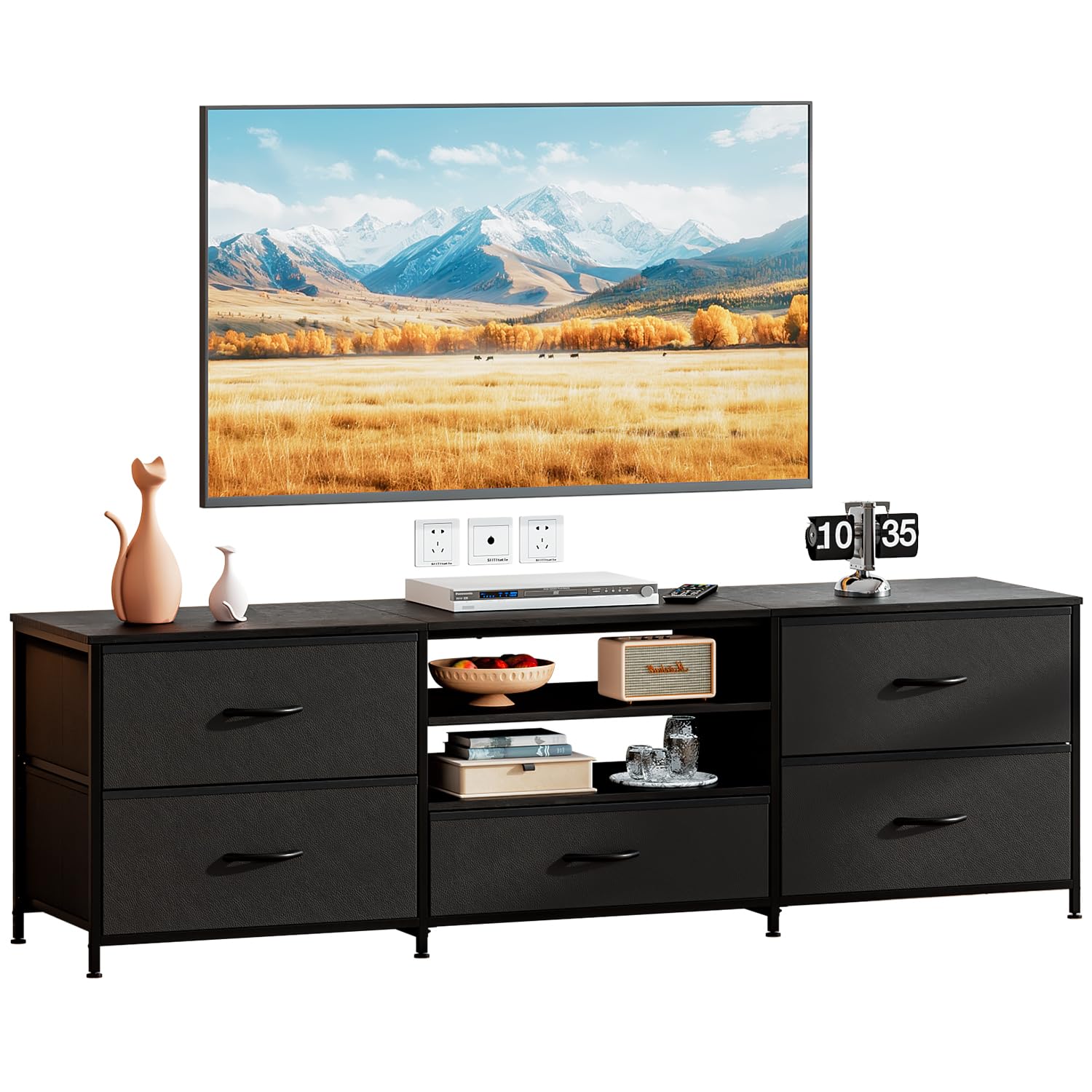 Forthcan TV Stand Cabinet, TV Unit TV Console Table with 5 Drawers Storage Organizers, Entertainment Center with Open Shelf for Living Room, Bedroom (All Black)