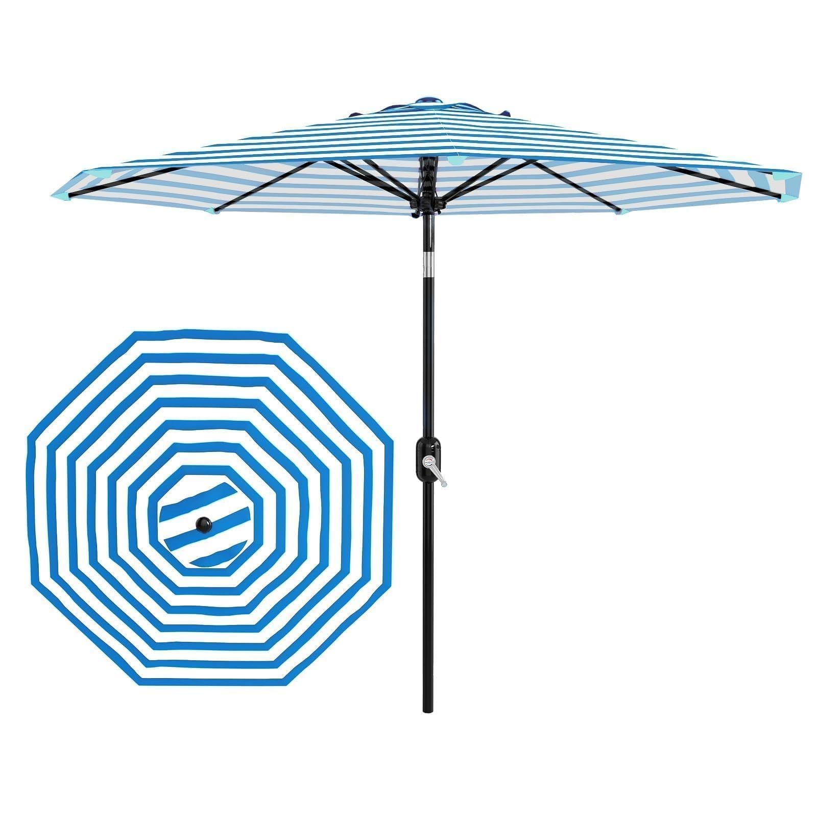 Crevyteg UV 50+ Waterproof Outdoor Patio Parasol, 2.7m Adjustable Tilt Umbrella with 8 Fiberglass Ribs, Double-Vented, Blue-White Stripe, Ideal for Terrace, Balcony, Pool, Café