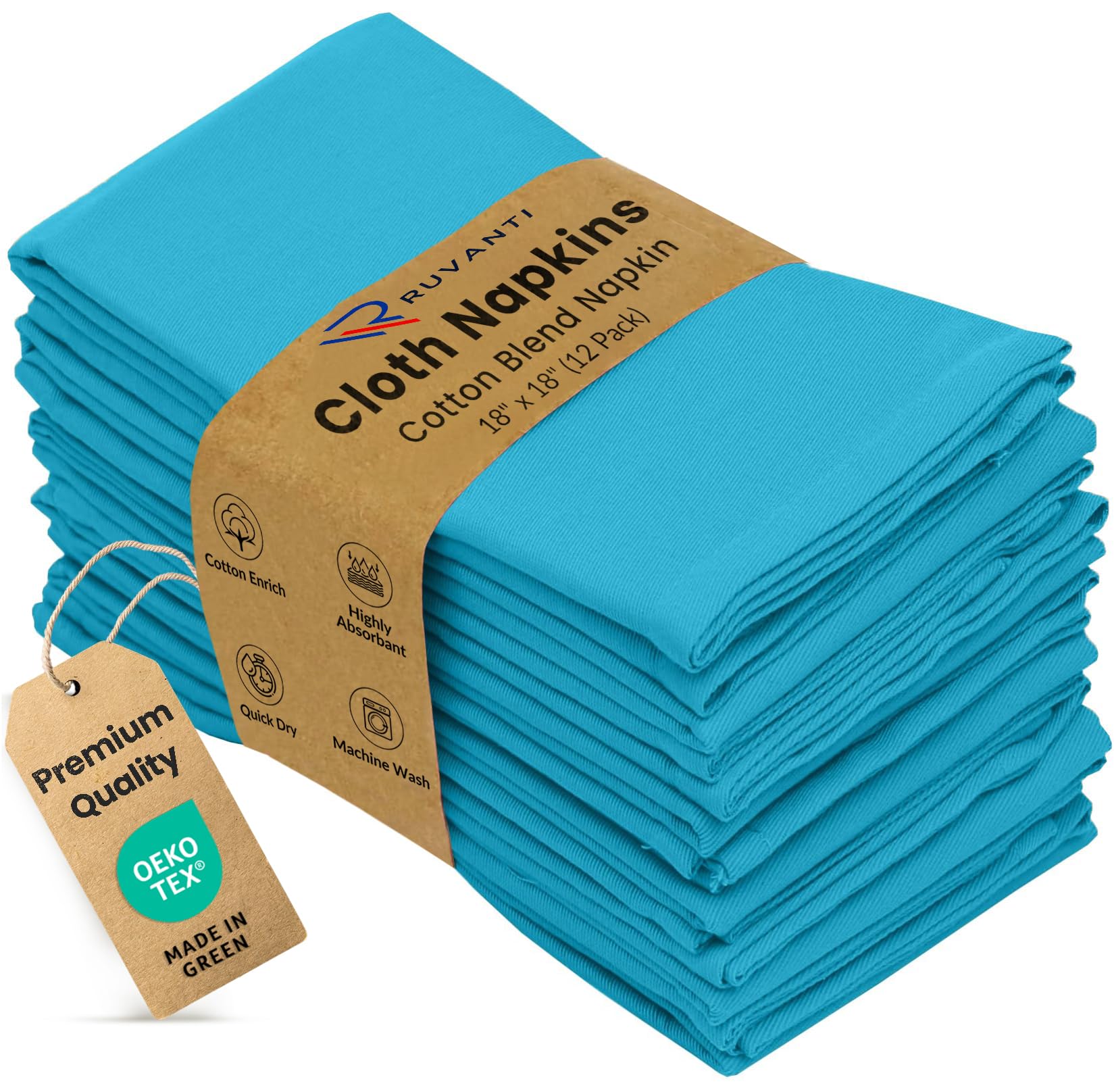 Ruvanti Sky Blue Cloth Napkins Set Of 12, 18X18 Inches Napkins Cloth Washable, Soft, Durable, Absorbent, Cotton Blend. Table Dinner Napkins Cloth For Hotel, Lunch, Restaurant, Wedding Event, Parties