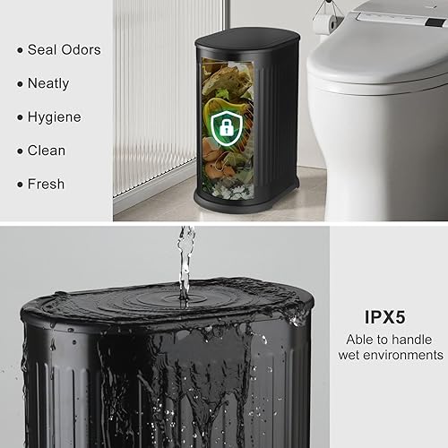 Miniatura 5 de Anzoymx Botes de basura para baño, de acero inoxidable, color negro, con tapa desplegable, de 1.8 galones, a prueba de perros, papelera estrecha,