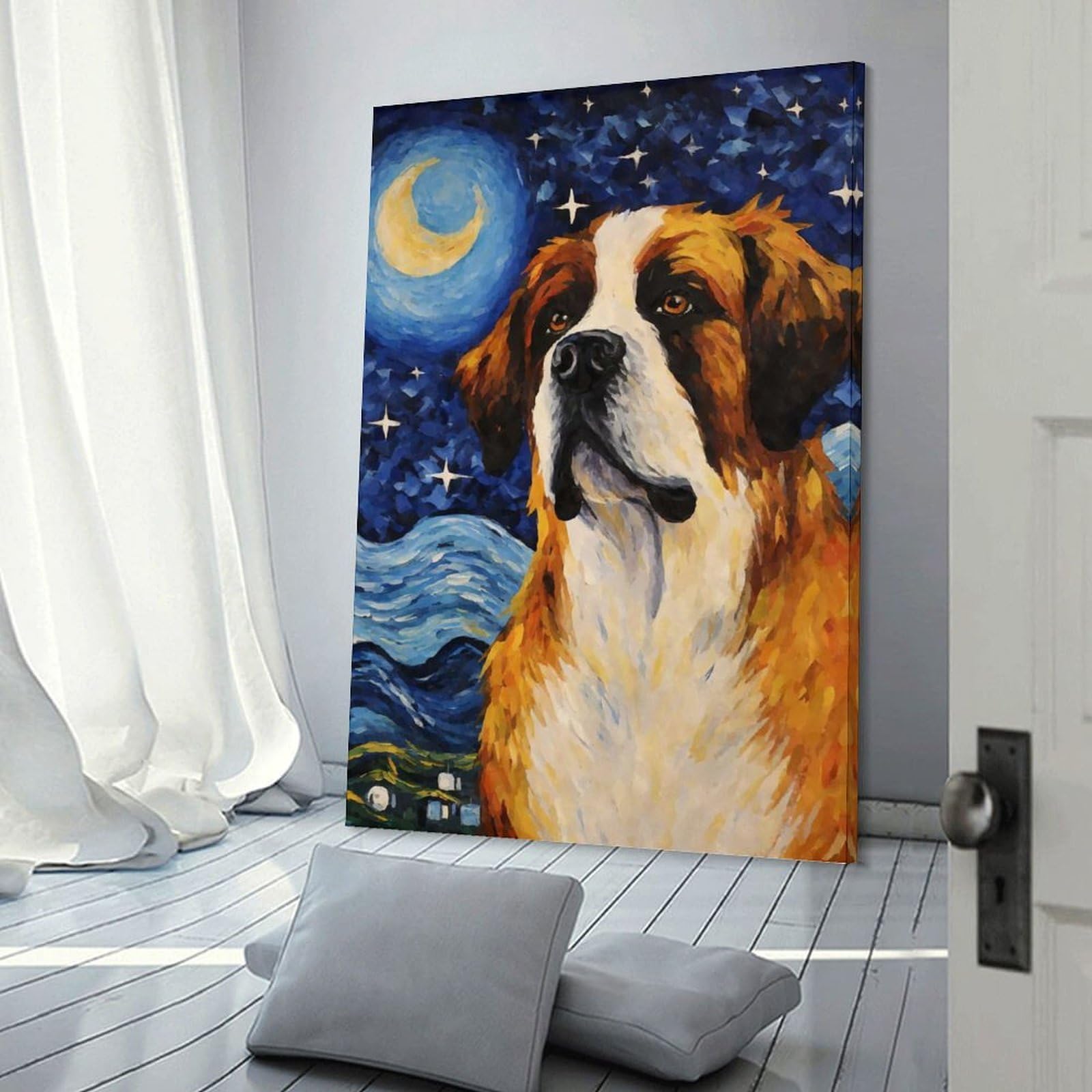 Junmoney Frame-Style-11 Saint Bernard Starry Night Decorative Canvas Print, 24X36inch(60X90cm), For Home, Office, Studio Or Guest Room, Versatile Wall Decor For Many Rooms