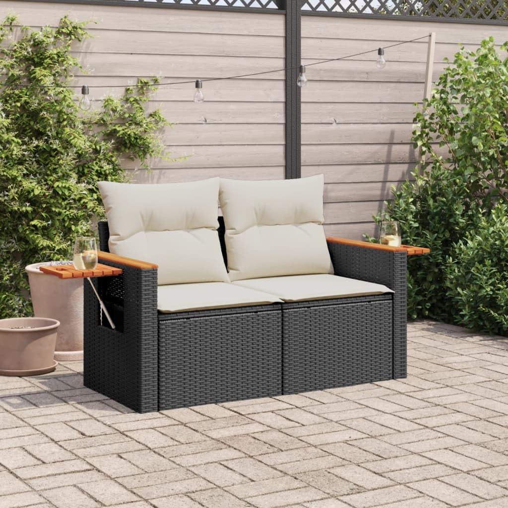 IKAYAA Divanetto da Esterno 2 Posti con Contenitore Divano da Giardino in Polyrattan Salotto da Giardino in Polyrattan Set da arredo per Esterno con Cuscini-Nero e Bianco-2 pz