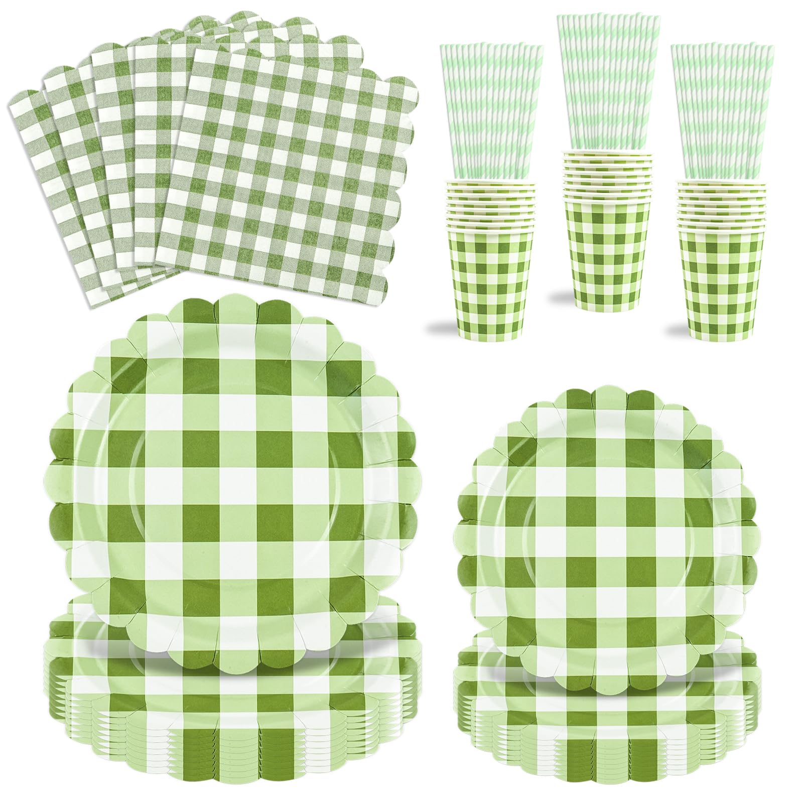 80 piezas de juego de vajilla de fiesta salvia y gingham, juego de platos y vasos de gingham para fiesta de té, cumpleaños, bodas, baby shower, decoración, aniversario