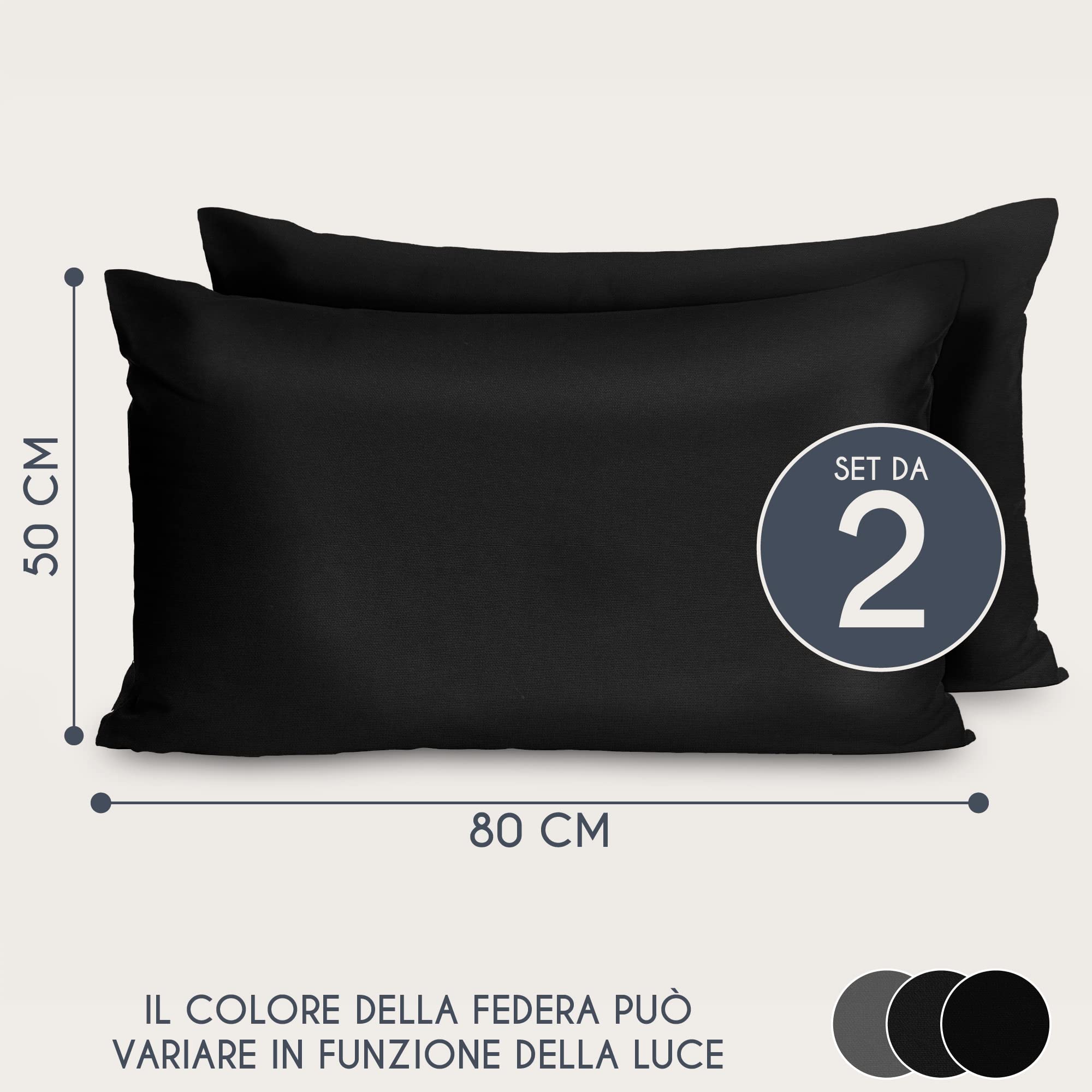 Federe 50x80 Cotone Rinforzato (Set da 2) - Nero - Trama Fitta a 57 Fili/cm² - Federe Cuscini 50x80 cm - Federe Cuscino 50x80 Certificate Oeko Tex - Dreamzie
