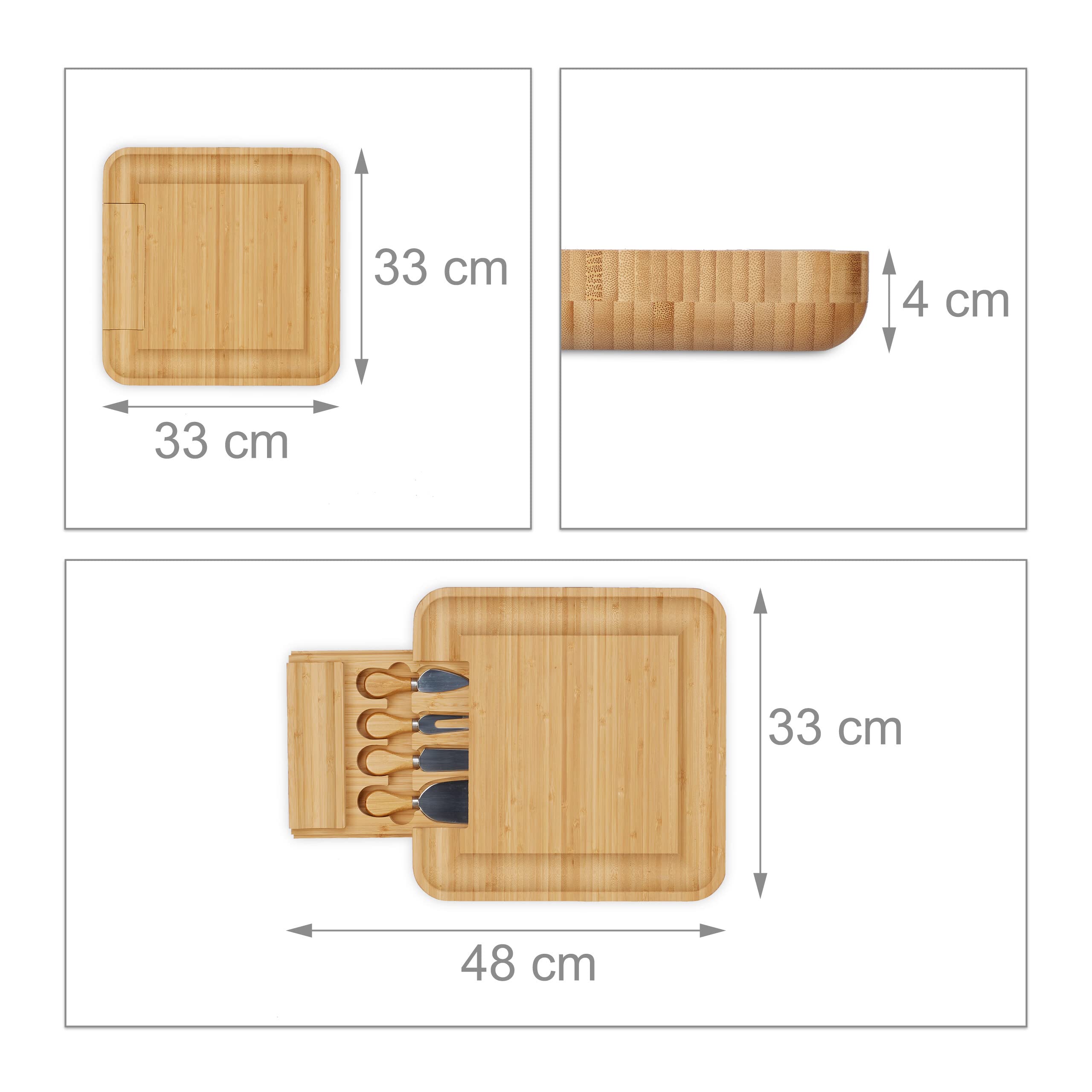 Relaxdays Set Tabla de Quesos, 4 x 33 x 33 cm, Bandeja Embutidos y Aperitivos, Bambú, con Cajón y 4 Cubiertos, Natural