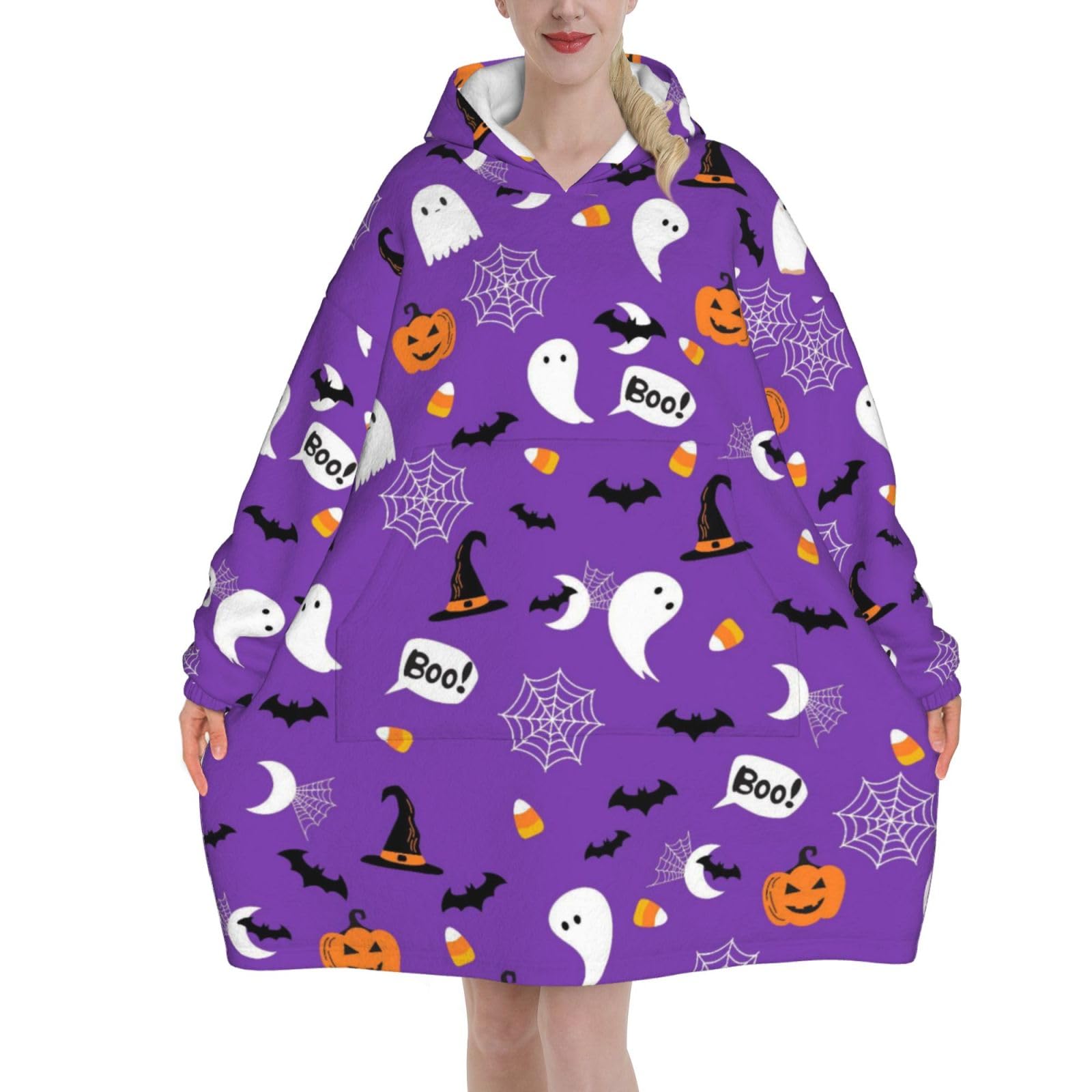 Halloween Ghost Wearable Blanket Sweatshirt Gifts for Women and Men, Super Warm and Cozy Blanket Hoodie, Thick Flannel Blanket with Sleeves and Giant Pocket