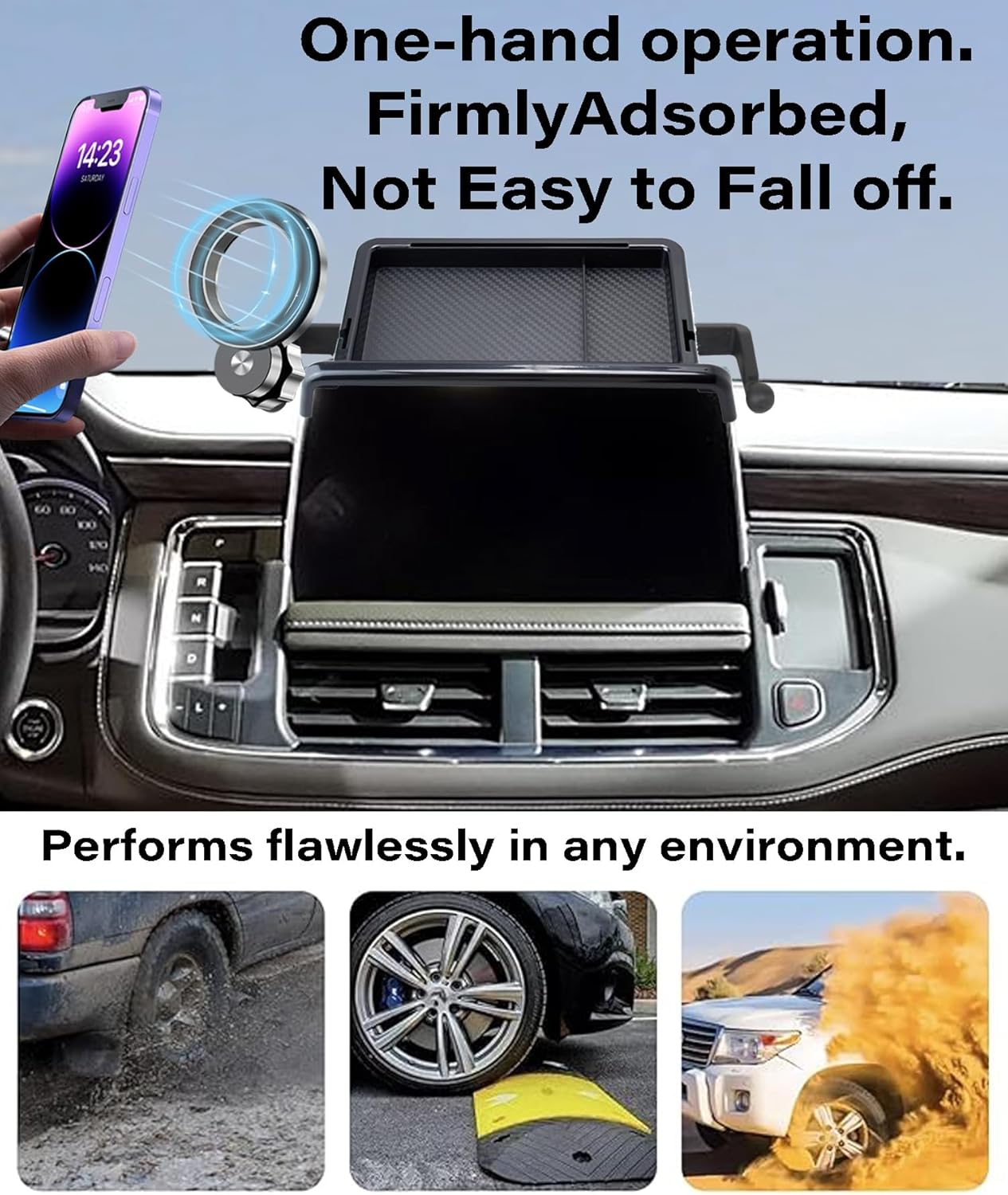 Car Phone Holder for 2021-2024 Chevrolet Suburban/Tahoe/GMC Yukon Accessories Apply to 10.2 in Screen Fixed Clip Magnetic Cell Phone Mount 360 Degree Rotation with Dashboard Storage Tray