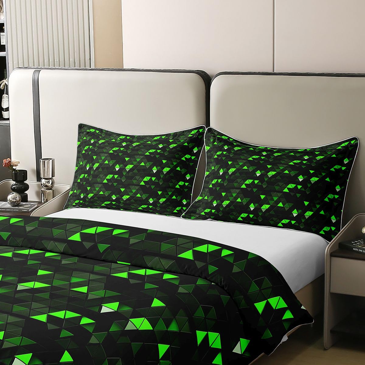 Homewish 3D abstrakcyjna geometryczna poszewka na kołdrę podwójny neonowy czarny zielony bawełniany zestaw pościeli zielony czarny trójkąt poszewka na kołdrę nowoczesne geometryczne zestawy łóżek