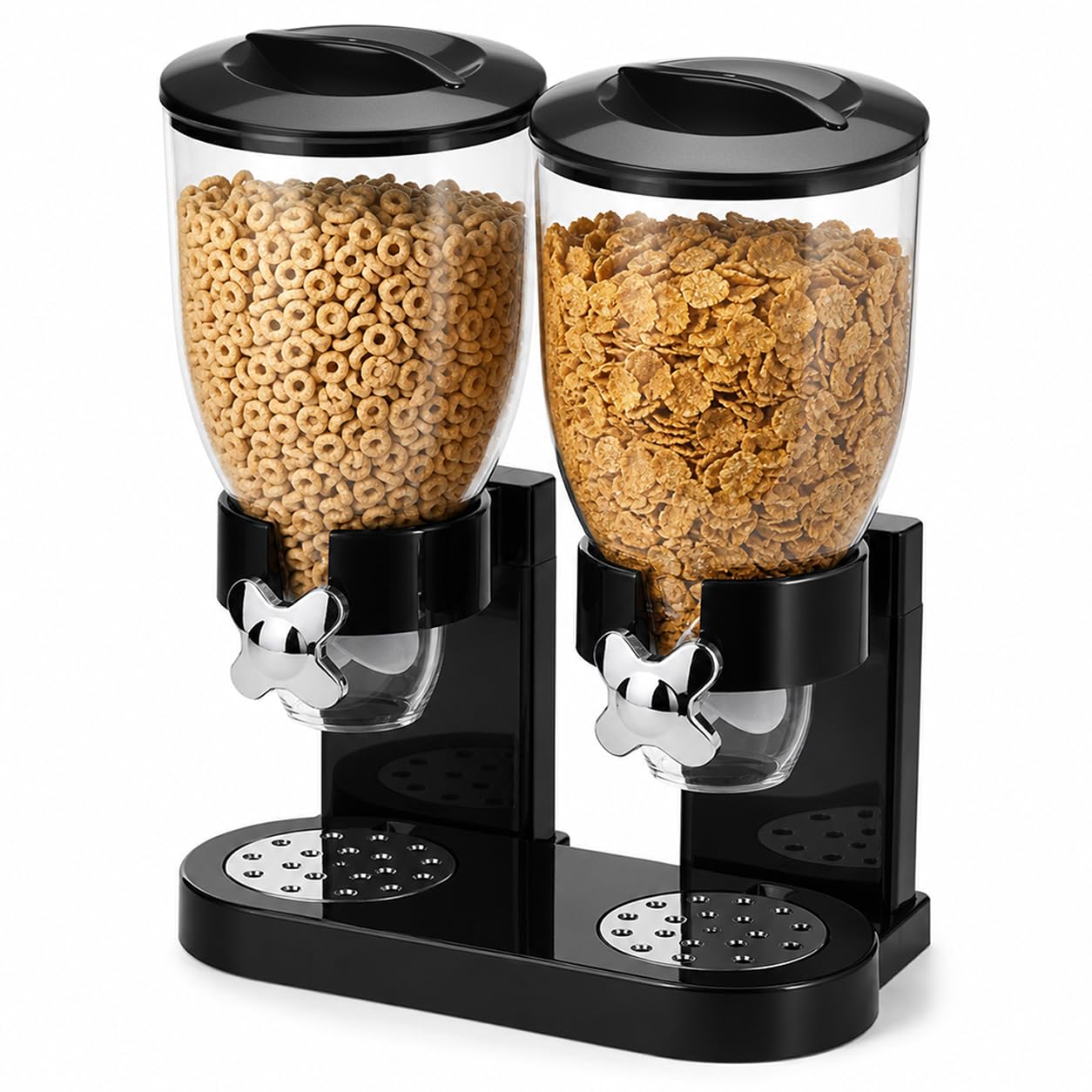 Qwork Black Double Dry Food Dispenser, 17.5Oz Capacity Each, Dry Cereal Grain Dispenser, Keeps Ingredients Fresh