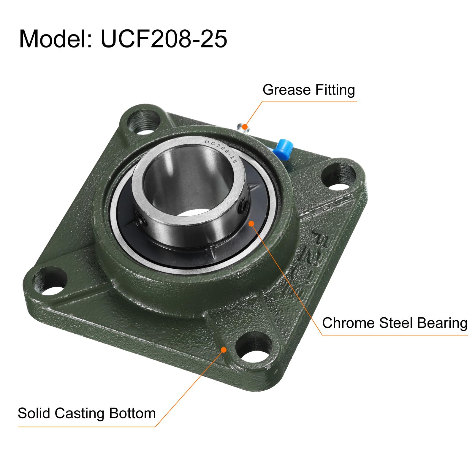 2pz UCF208-25 Cuscinetti a Blocchetto Cuscino con Foro 1-9/16 Pollici Autoallineanti, Cuscinetti Acciaio Cromato Montati Flangia Quadrata con Base Ghisa Solida