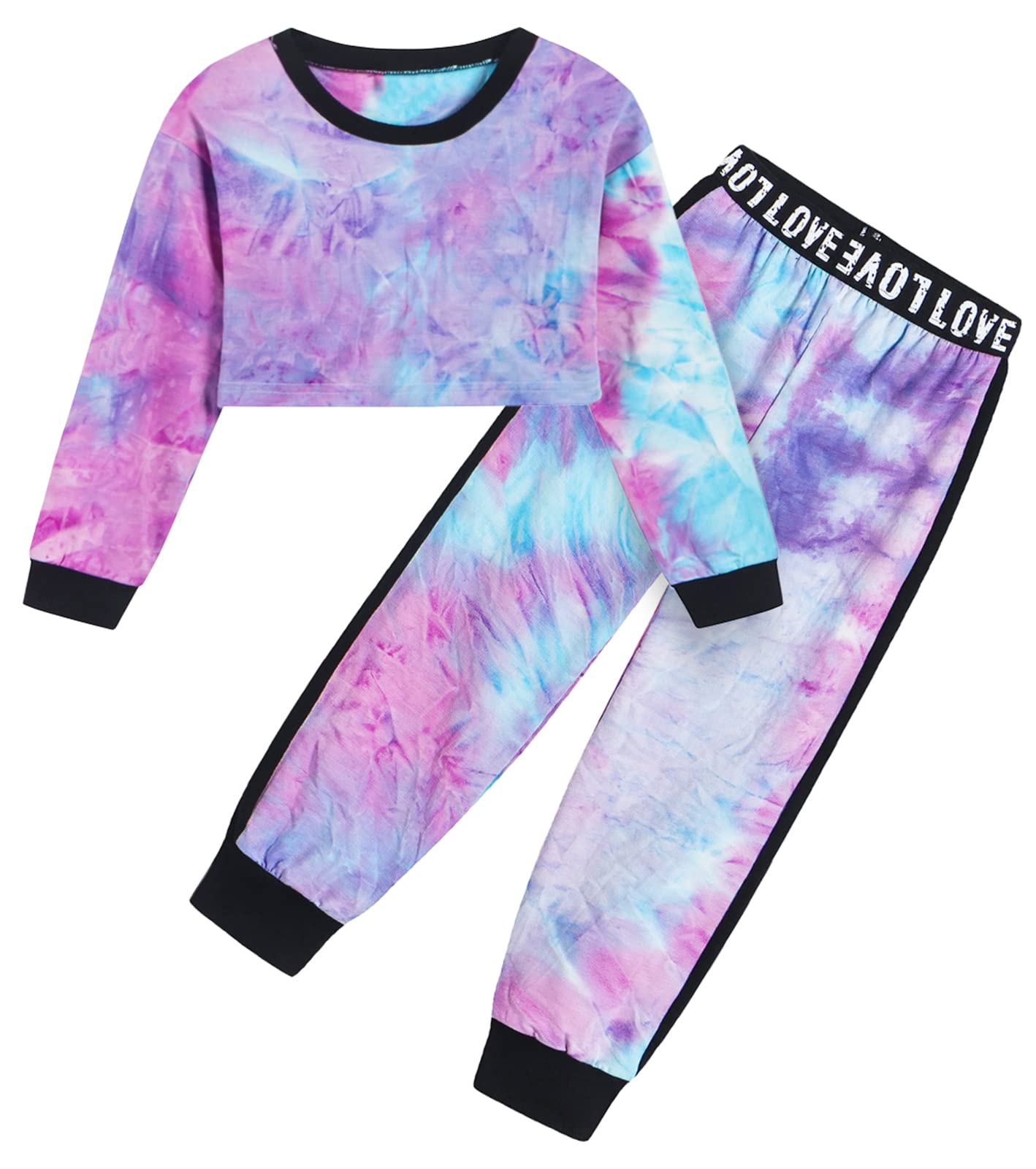 Betusline Little Girls 2 Piece Outfits, Trendy Cute Pullover Crop Tops + Activewear Sweatpants Cropped Sweatshirt Sweatsuit Clothes Set, Purple Tie Dye, 6-7 Years