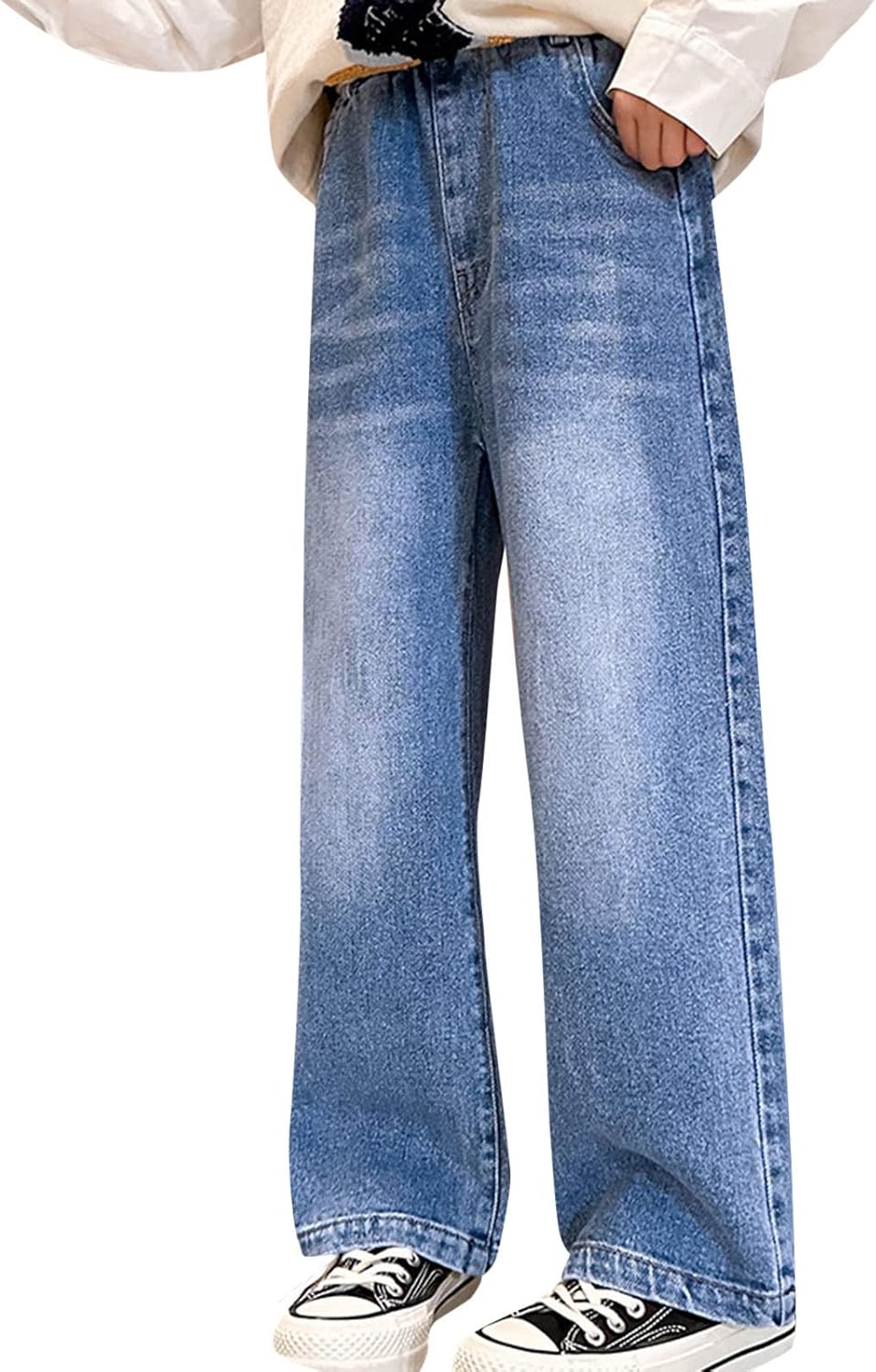 Girls Jeans Pants Wide Leg Denim Pant Elastic High Waist Ripped Pants with Pockets Baggy Jeans Kids Trendy Clothes