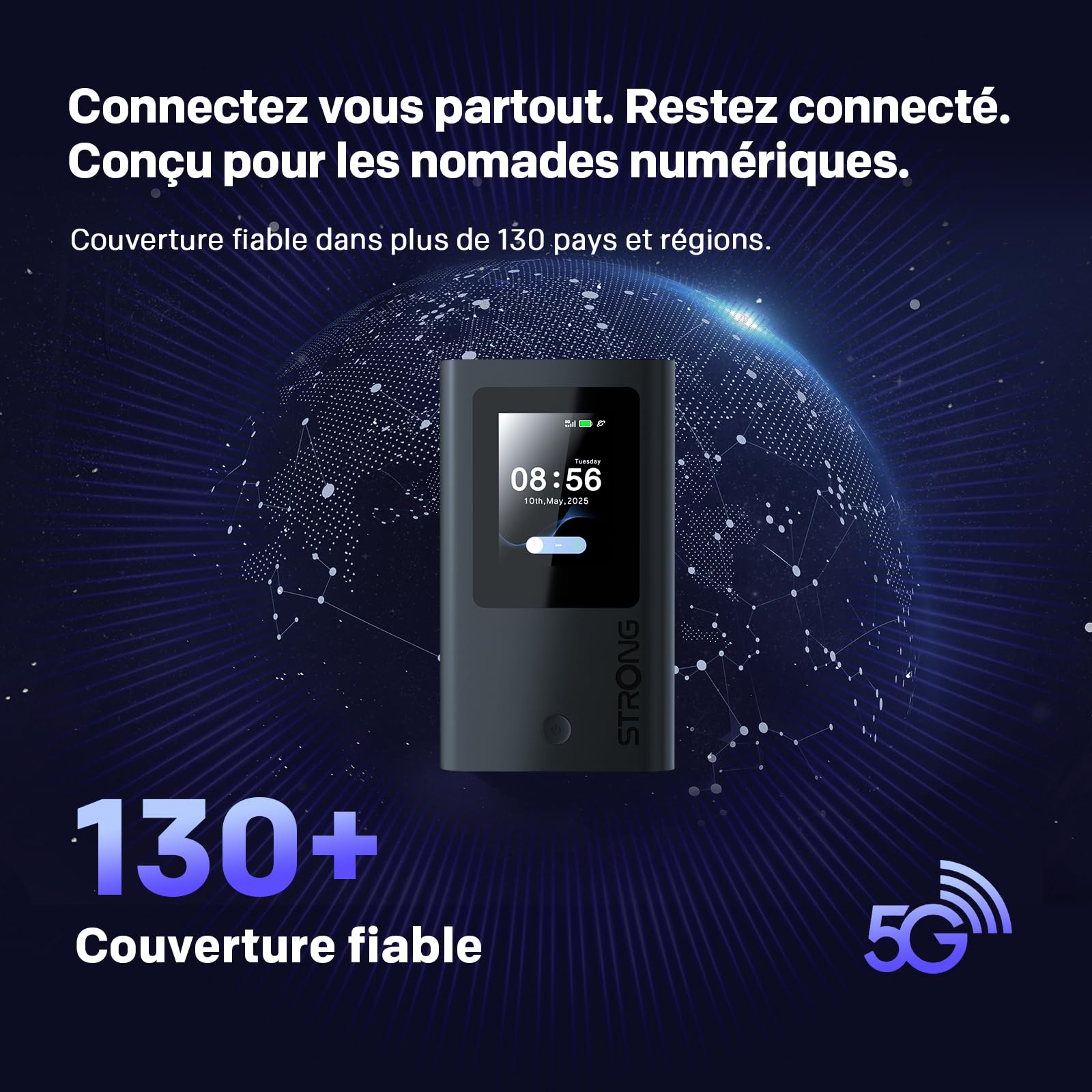 STRONG 5G+ HOPI Routeur 5G Portable WiFi 6 AX1800 avec 5 Go de données, Hotspot WiFi de Poche avec eSIM, jusqu'à 3,4 Gbps en téléchargement 5G, Batterie 4500 mAh, Port USB-C, Fonction Power Bank