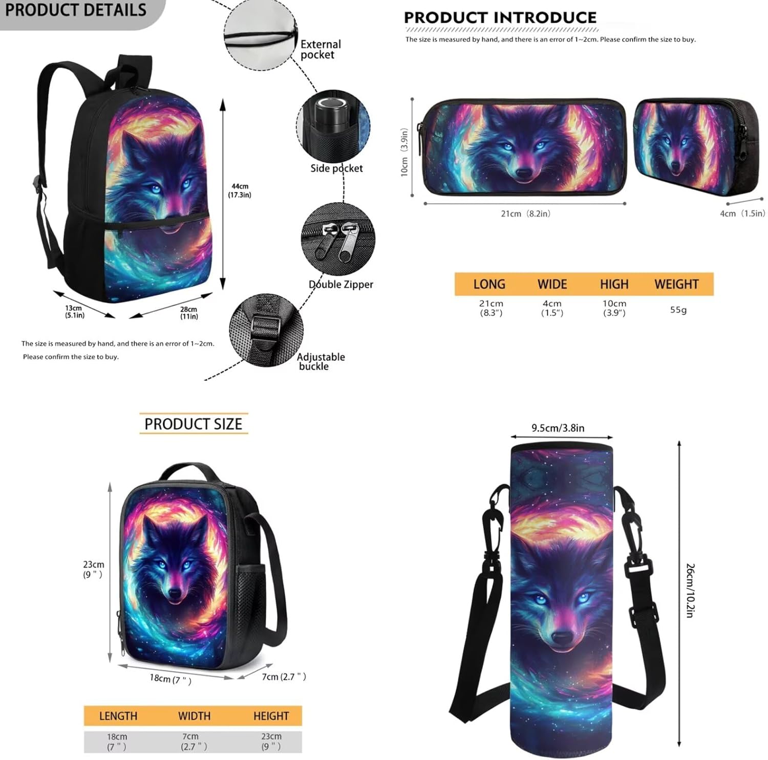 JEOCODY Wolf Backpack for Kids Girls School Bag and Lunch Box, Boys Bookbag 4 Piece School Backpack with Pencil Case and Water Bottle Holder Daypack Travel Bag Satchel Daypack for Travel