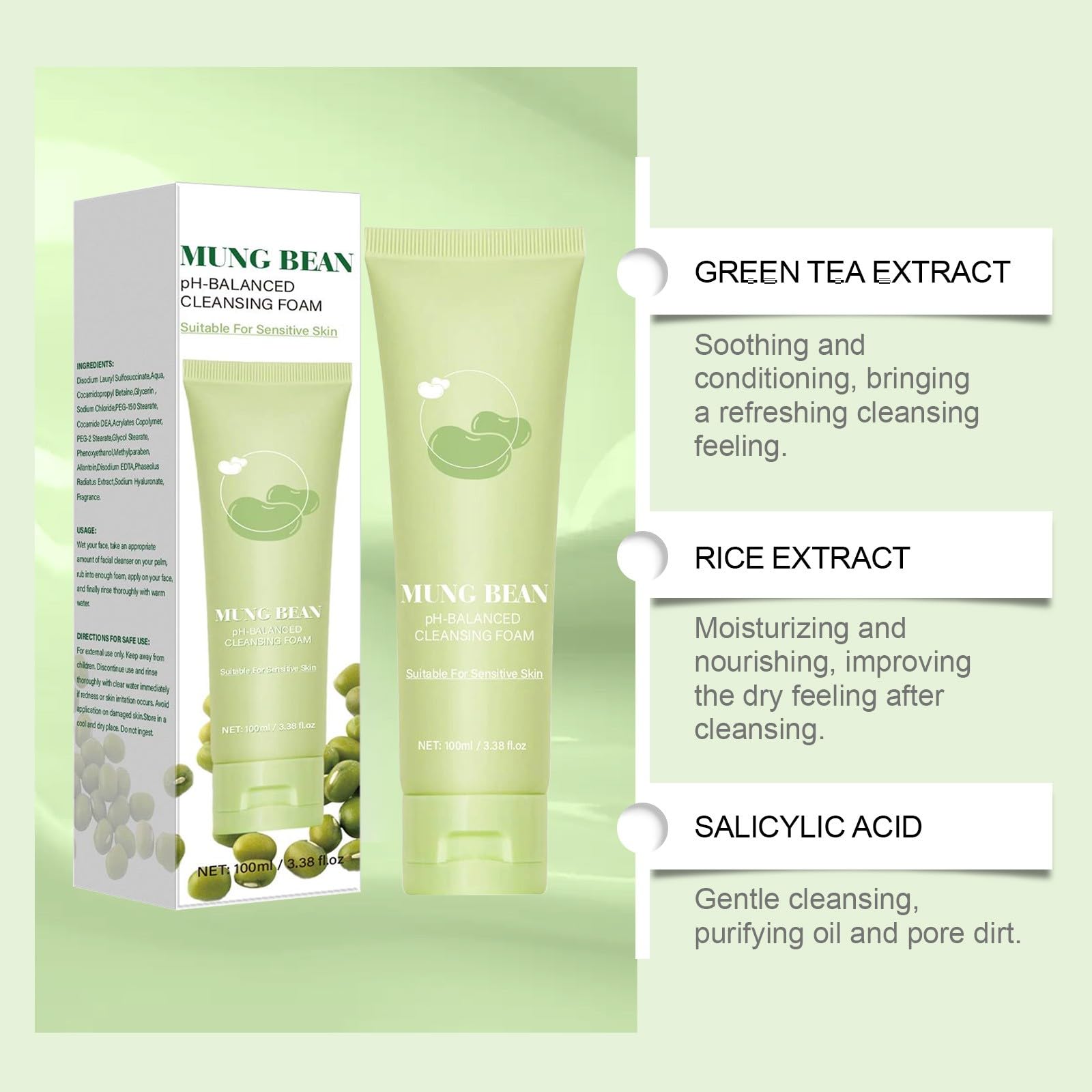 Mousse nettoyante au pH de haricots mungo (160 ml) - Sans parfum, non comédogène, testée, nettoyante pour le visage en profondeur - Convient pour les peaux sensibles - Nettoyant pour masque facial (3)