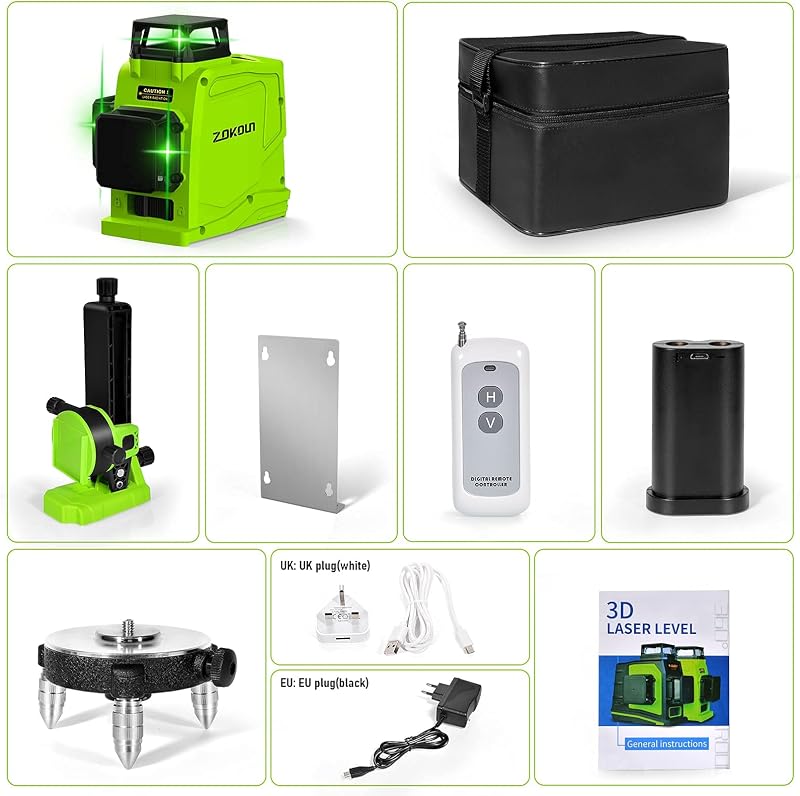 Zokoun GF120 Német Zöld Vonallézer Szintező - 360° Vízszintes és Függőleges Mérés, 5200mAh USB Tölthető Akkumulátor, Távirányítóval, Fém Ház