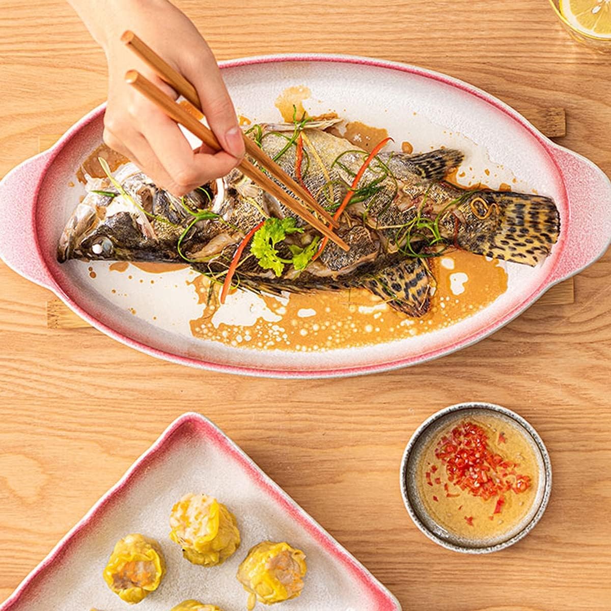 Platos De Cena, Vajilla De Cerámica, Plato De Pescado De Doble Oreja Creativo Plato De Pescado Al Vapor Retro Ovalado Grande for El Hogar Plato De Cerámica, 1 Piezas,B(B)