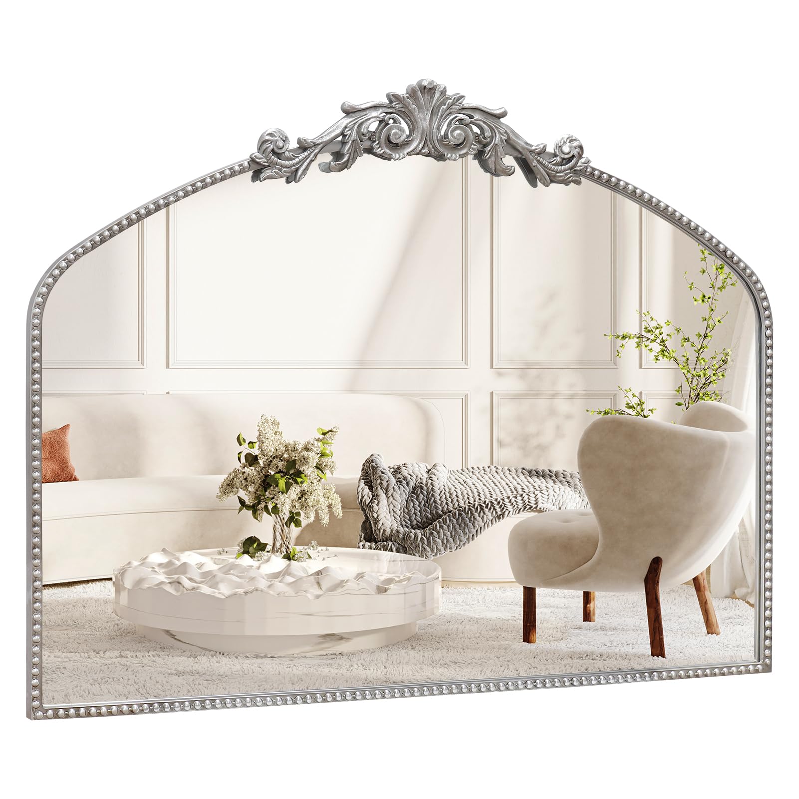Antique Silver Arch Wall Mirror, 40"x31" Vintage Mantel Mirror with Ornate Metal Frame, Baroque Victorian Mirror for Fireplace/Entryway/Bathroom/Living Room/Hallway
