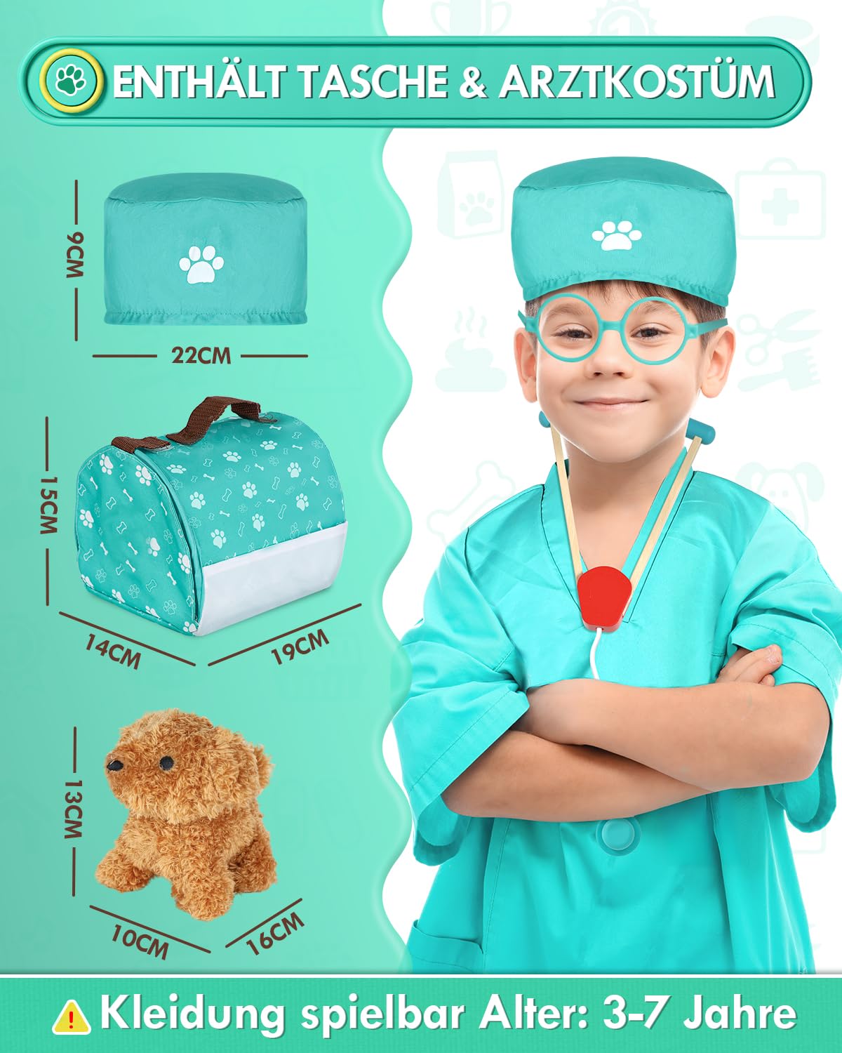 Arztkoffer Kinder Holz, Tierarzt Spielzeug Kinder, Doktorkoffer mit Kleidung und Hut, Arztkoffer Rollenspiel Kit, Geschenk Mädchen 3 Jahre(Grün)