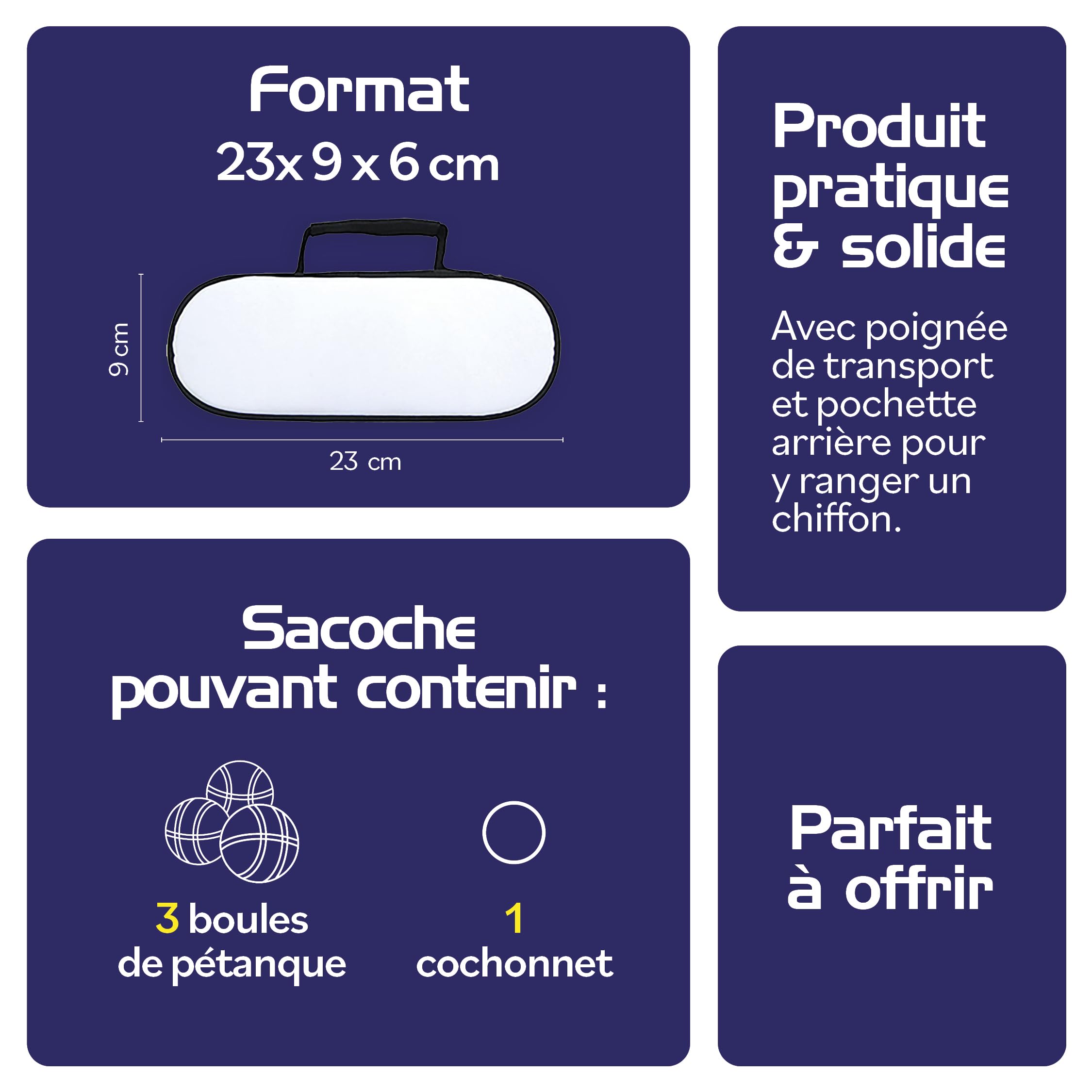 Mygoodprice Sacoche Housse Boules pétanque Pictogramme Triplette et cochonnet avec Texte Personnalisable